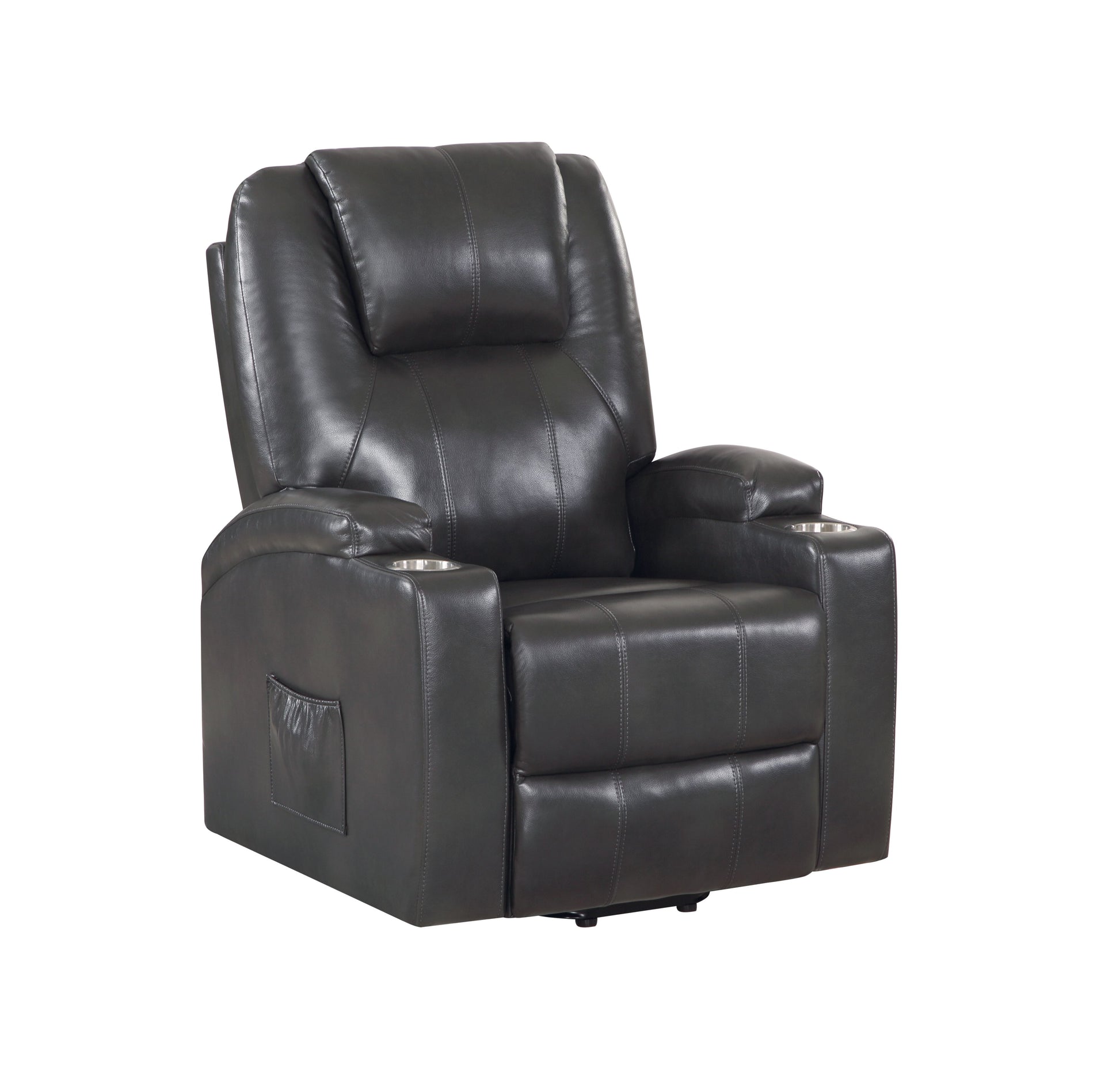 Evander Recliner W Power Lift, Gunmetal Leather Aire Lv02182 Black Leather