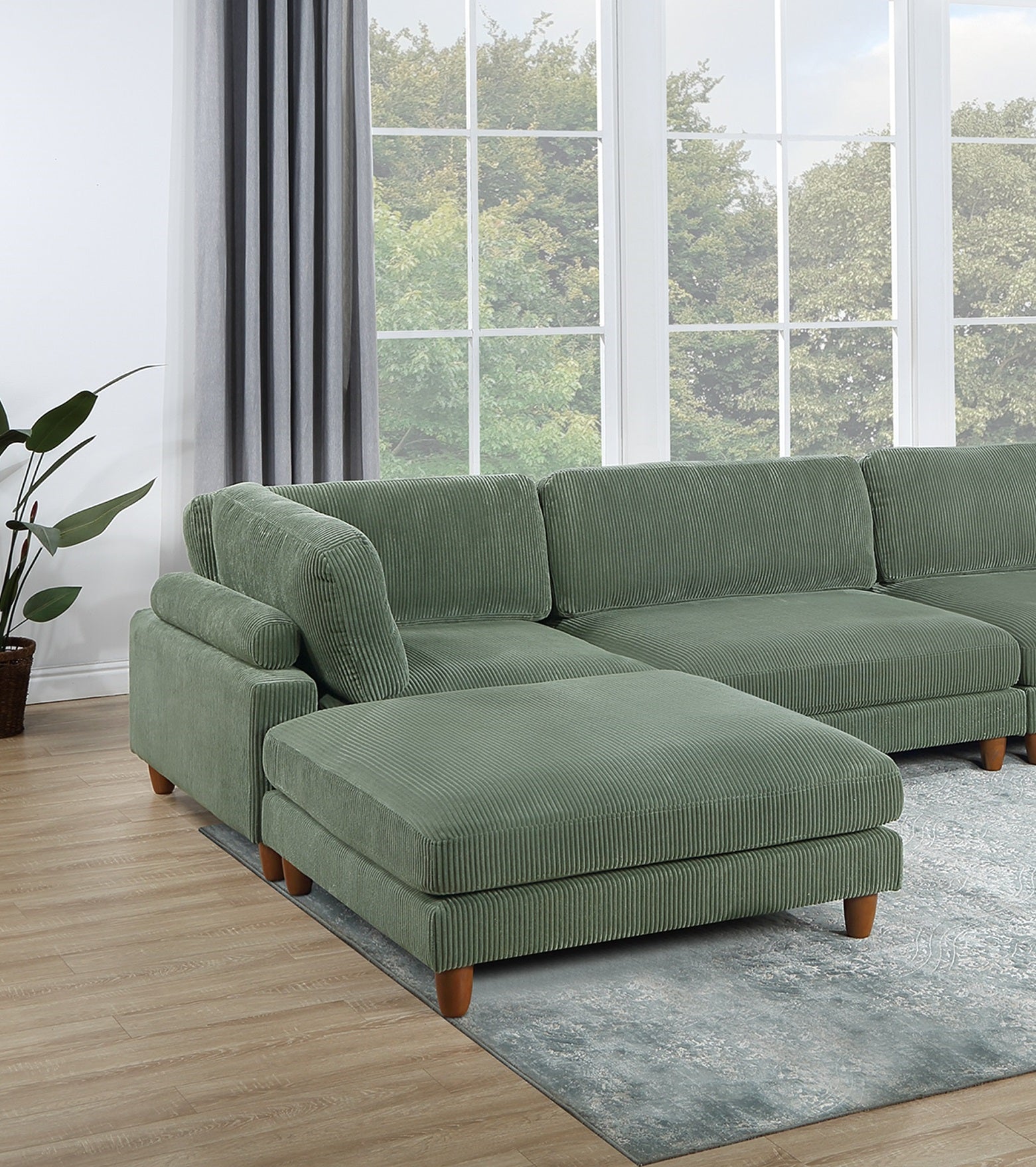 Contemporary Sage Color 6Pc Modular Sectional Set Corduroy Upholstery Couch 2X Corner Wedge, 2X Armless Chairs 2X Ottomans Living Room Sage Primary Living Space Cushion Back Contemporary,Modern Modular Rubberwood Corduroy 6 Seat