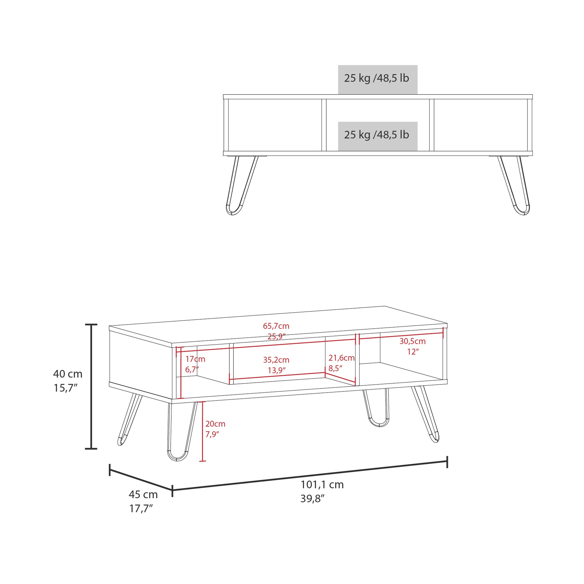 Vassel Coffee Table, Hairpin Legs, Two Shelves White Desk Top Primary Living Space Freestanding Rectangular Open Storage Coffee & End Tables Rectangular Particle Board