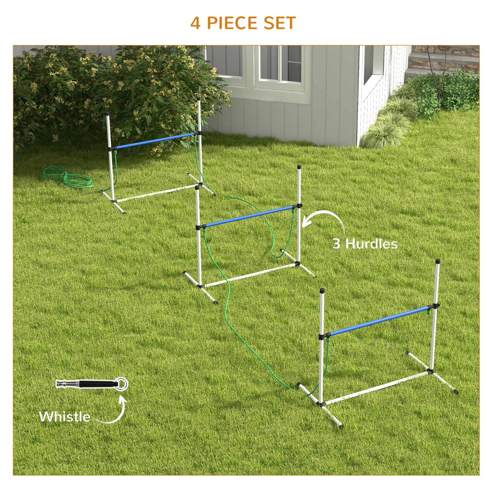 Pawhut 3 Piece Dog Agility Training Equipment Set, Dog Agility Set With Adjustable Height Hurdles, Spray Water Tube, Whistle, Carry Bag, White White Plastic