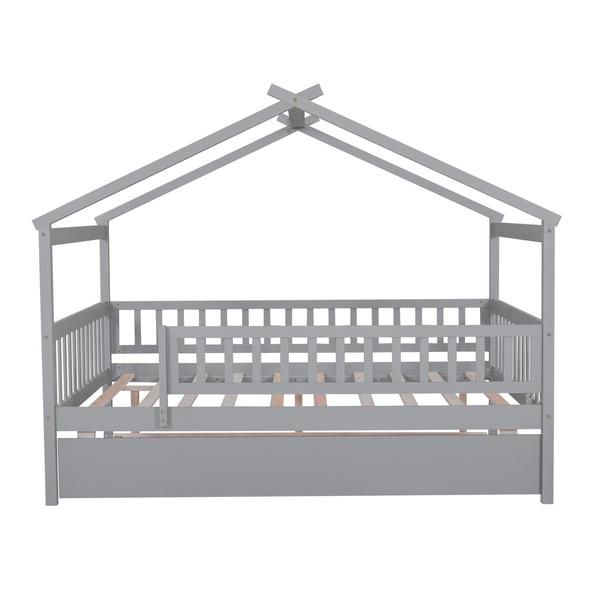 Full Size Wooden House Bed With Twin Size Trundle, Gray Full Gray Solid Wood Mdf