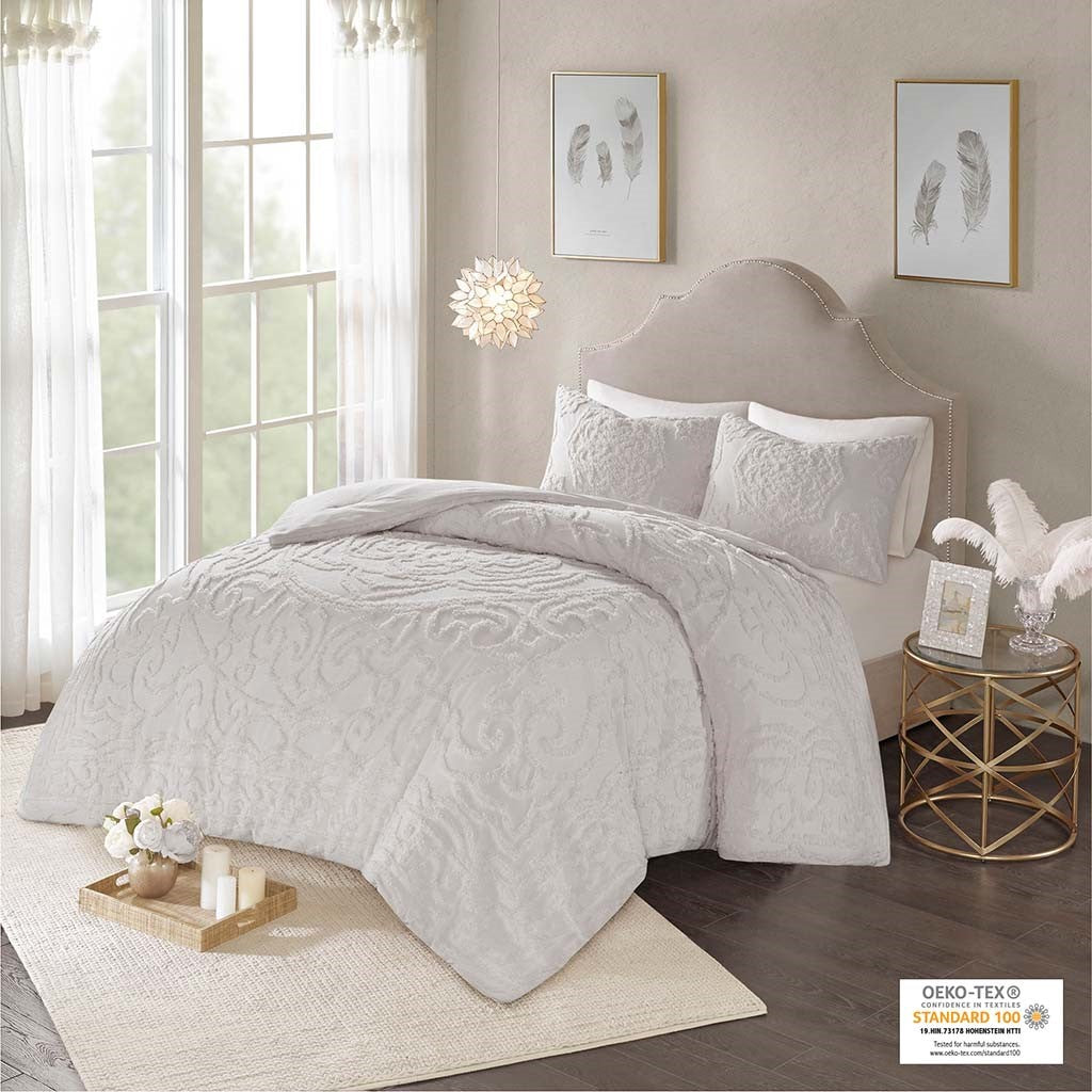 3 Piece Tufted Cotton Chenille Medallion Comforter Set Grey King Cal King King Grey Cotton