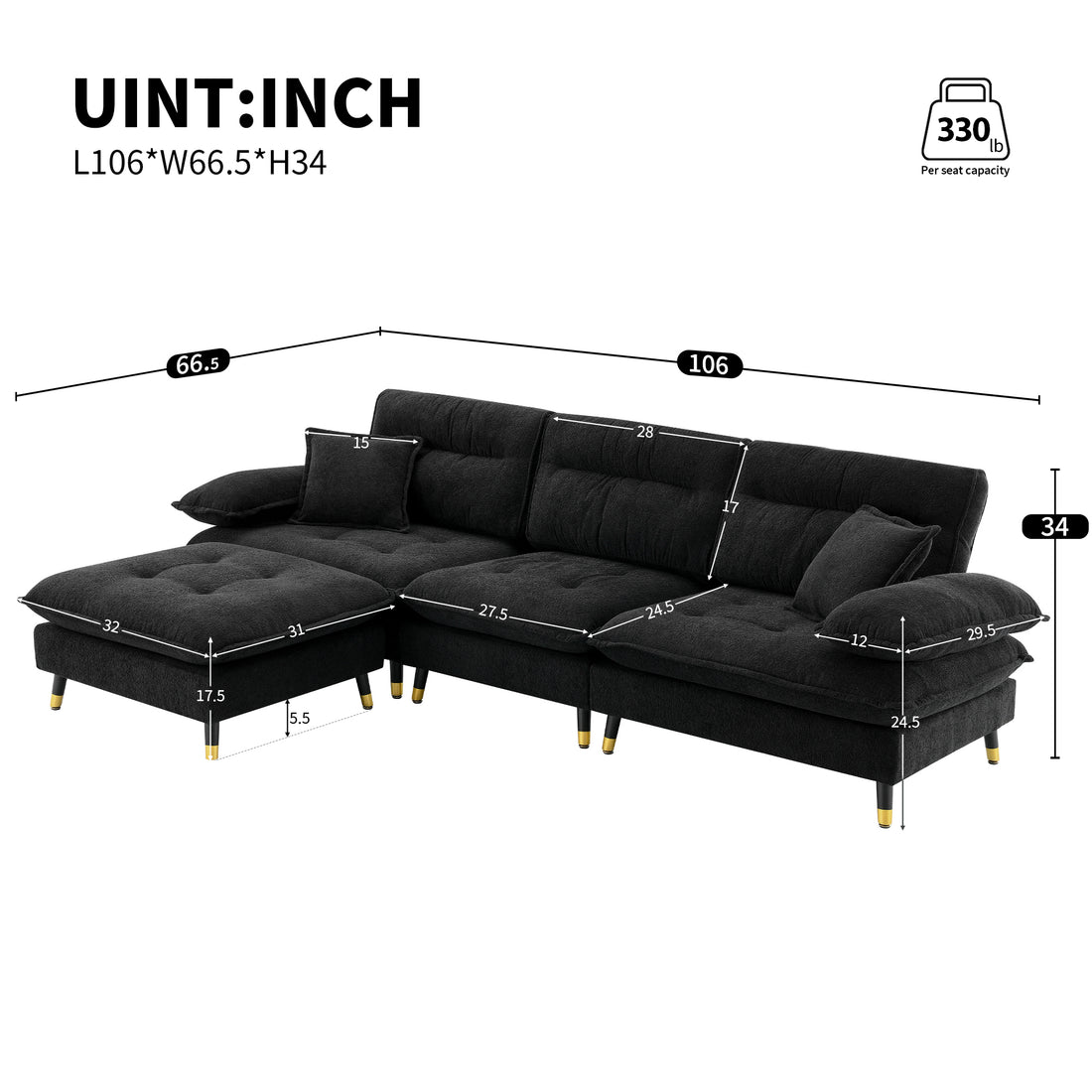 106*66.5" L Shaped Convertible Sectional Sofa,4 Seat Tufted Couch Set With Two Tone Adjust Legs,Cloud Chenille Fabric,Movable Ottoman For Living Room, Apartment,Office,3 Colors Black Chenille 4 Seat