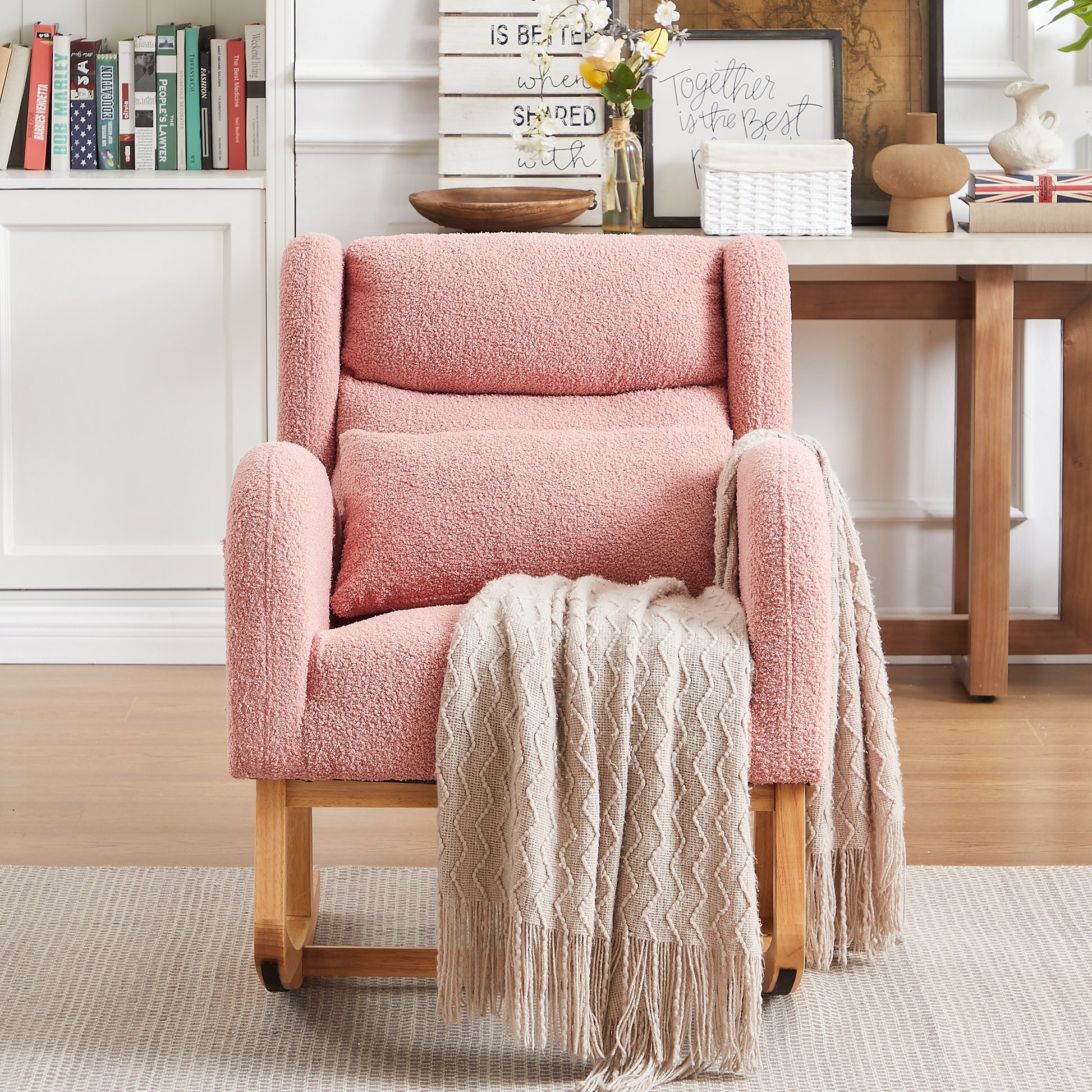 27.2"W Modern Accent High Backrest Living Room Lounge Arm Rocking Chair, Two Side Pocket Pink Foam Fabric