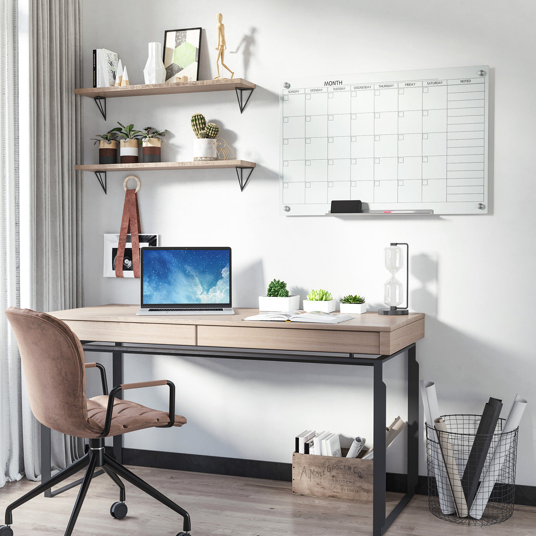 Vinsetto 35"X23" Dry Erase Wall Calendar Glass Whiteboard Monthly Planner For Homeschool Supplies & Home Office Organization With 4 Markers And 1 Eraser,Frameless White Glass