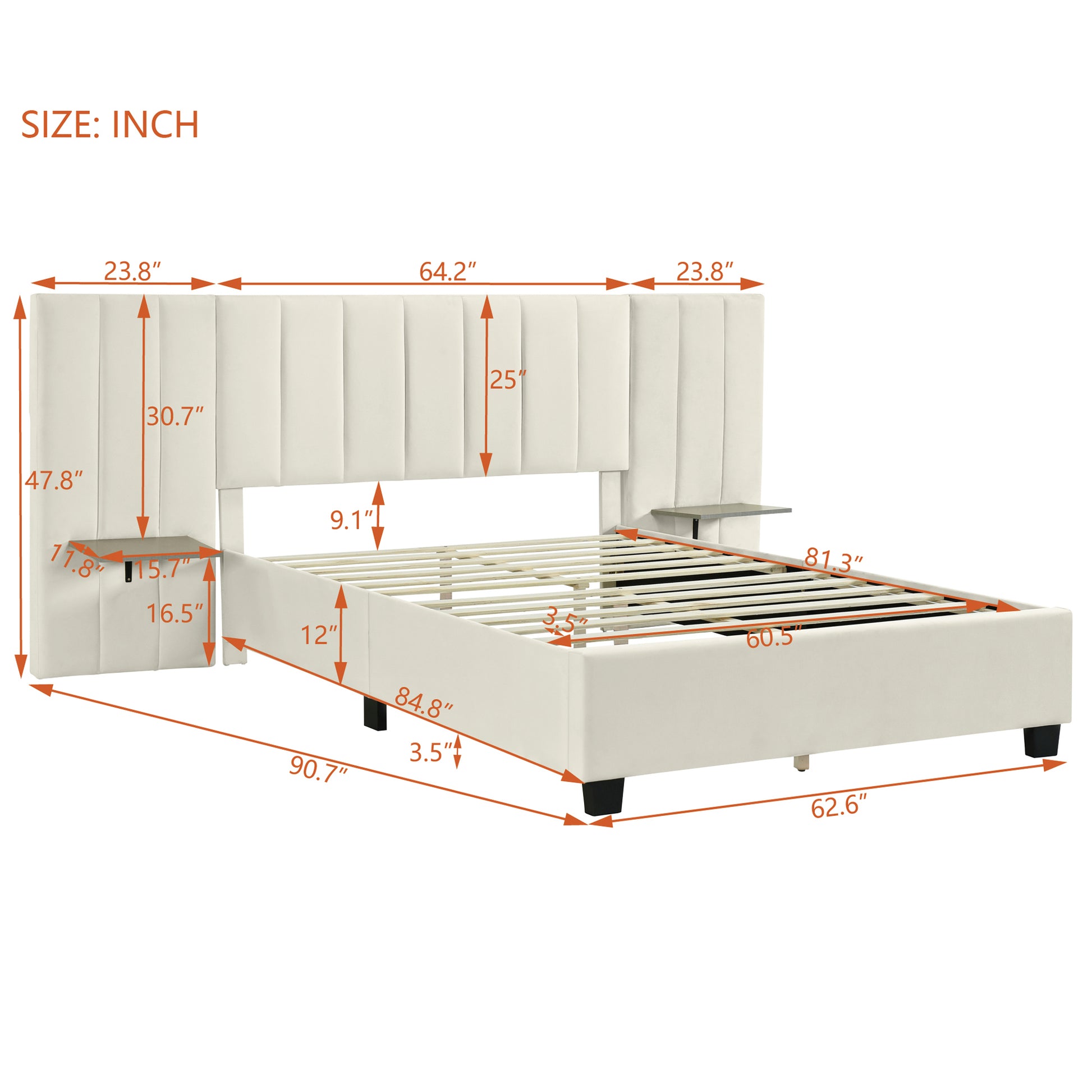 Queen Size Upholstered Platform Bed With Big Headboard, Bedroom Furniture, Velvet, Beige Queen Beige Plywood