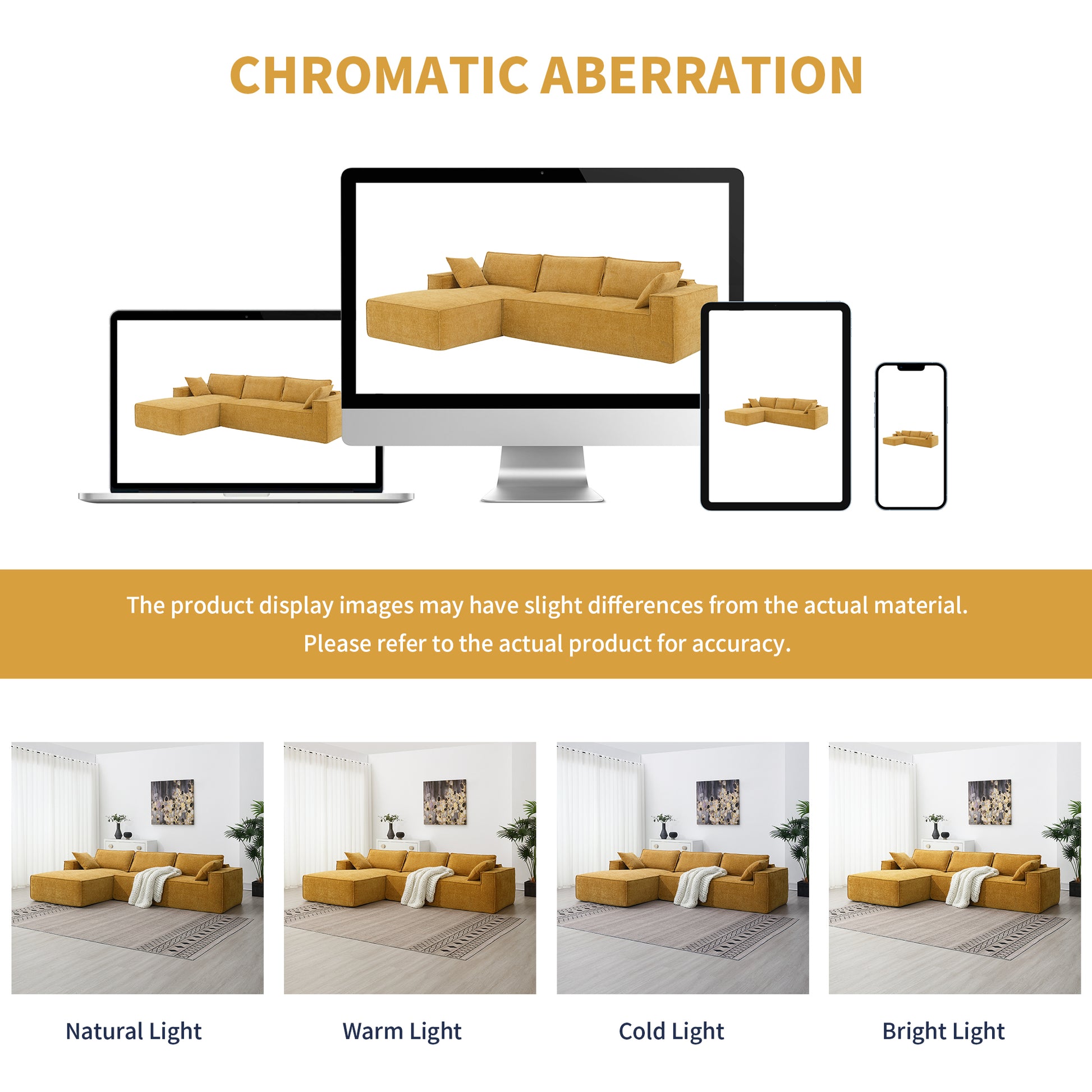 111.5*72"Minimalist Style Modular Sectional Sofa,Wrinkle Resistant Chenille Couch Set,L Shaped Sleeper Sofa Bed For Living Room,2 Pic Free Combination,No Assembly Require,3 Colors Yellow Chenille 4 Seat