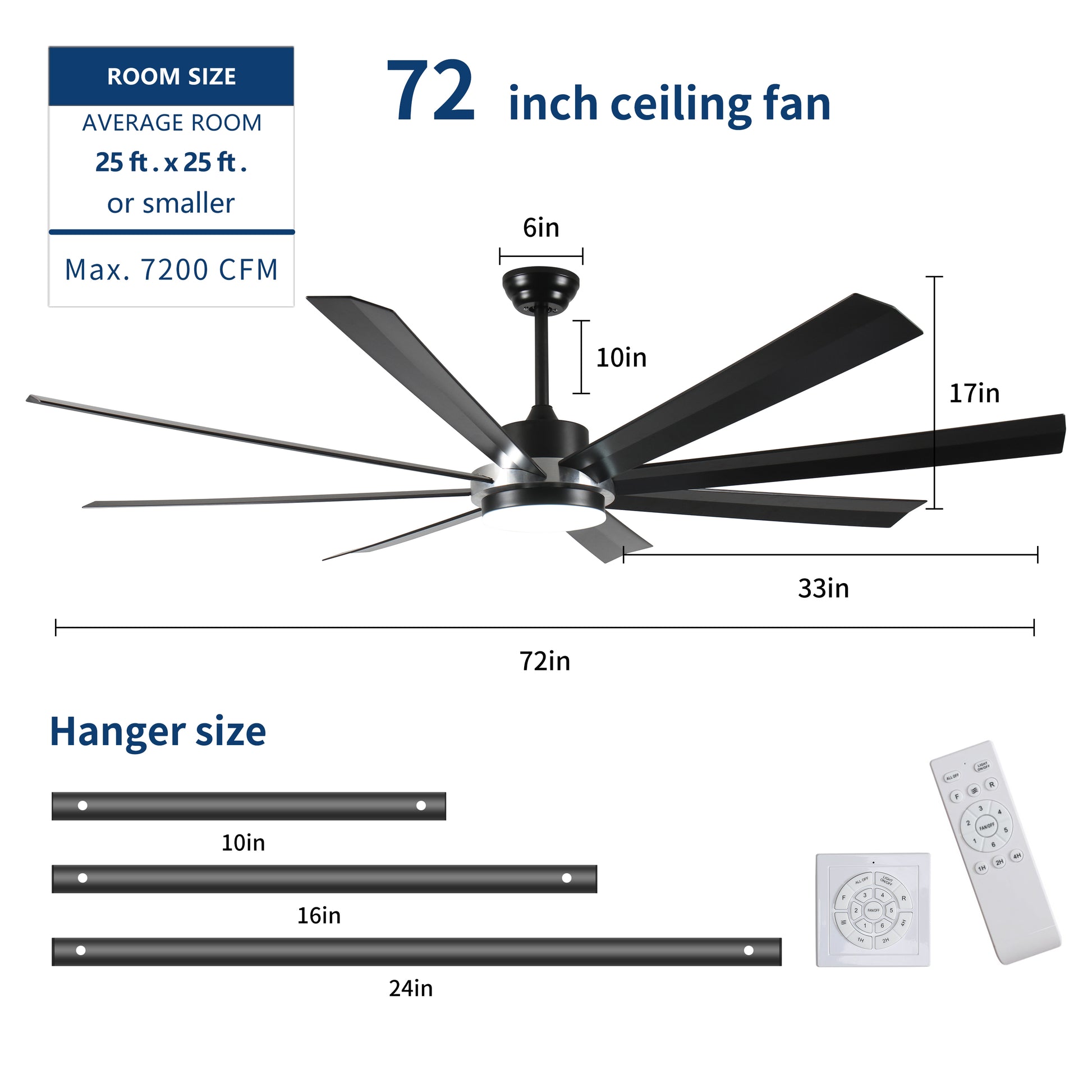 72 Inch Industrial Dc Motor Ceiling Fan With Light, Large Ceiling Fan With 8 Reversible Blades, 3 Downrods, 6 Speed Remote Control, Home Or Commercial Ceiling Fans For Porch Garage Shop, Black Black And Silver Casual,Classic Abs Steel Q235