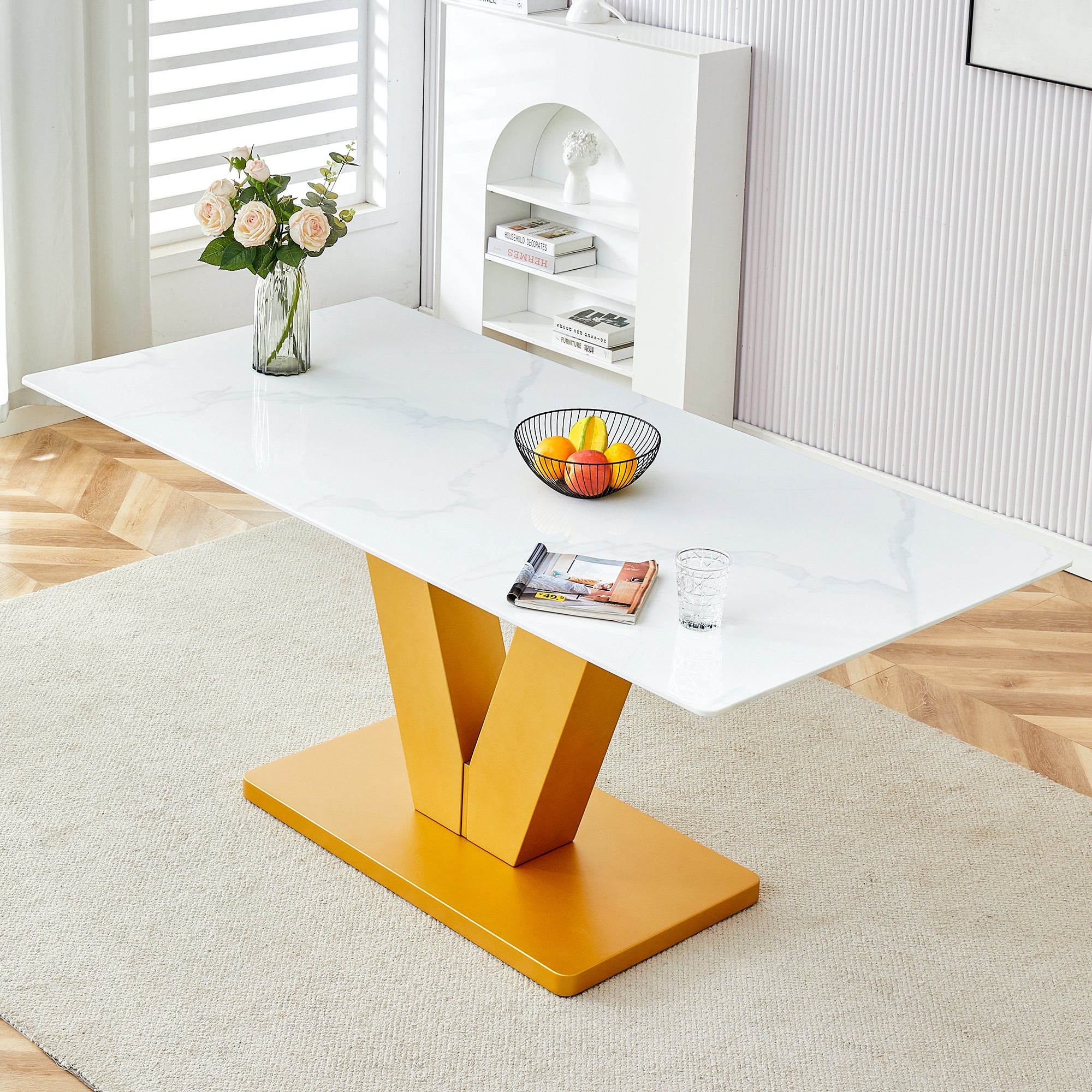 Marble Style White Dining Table For 4 8 People With 0.4 "Table Top And V Shaped Gold Mdf Table Legs Ideal For Kitchens, Dining Rooms, Living Rooms And Banquet Halls Gold Mdf Glass