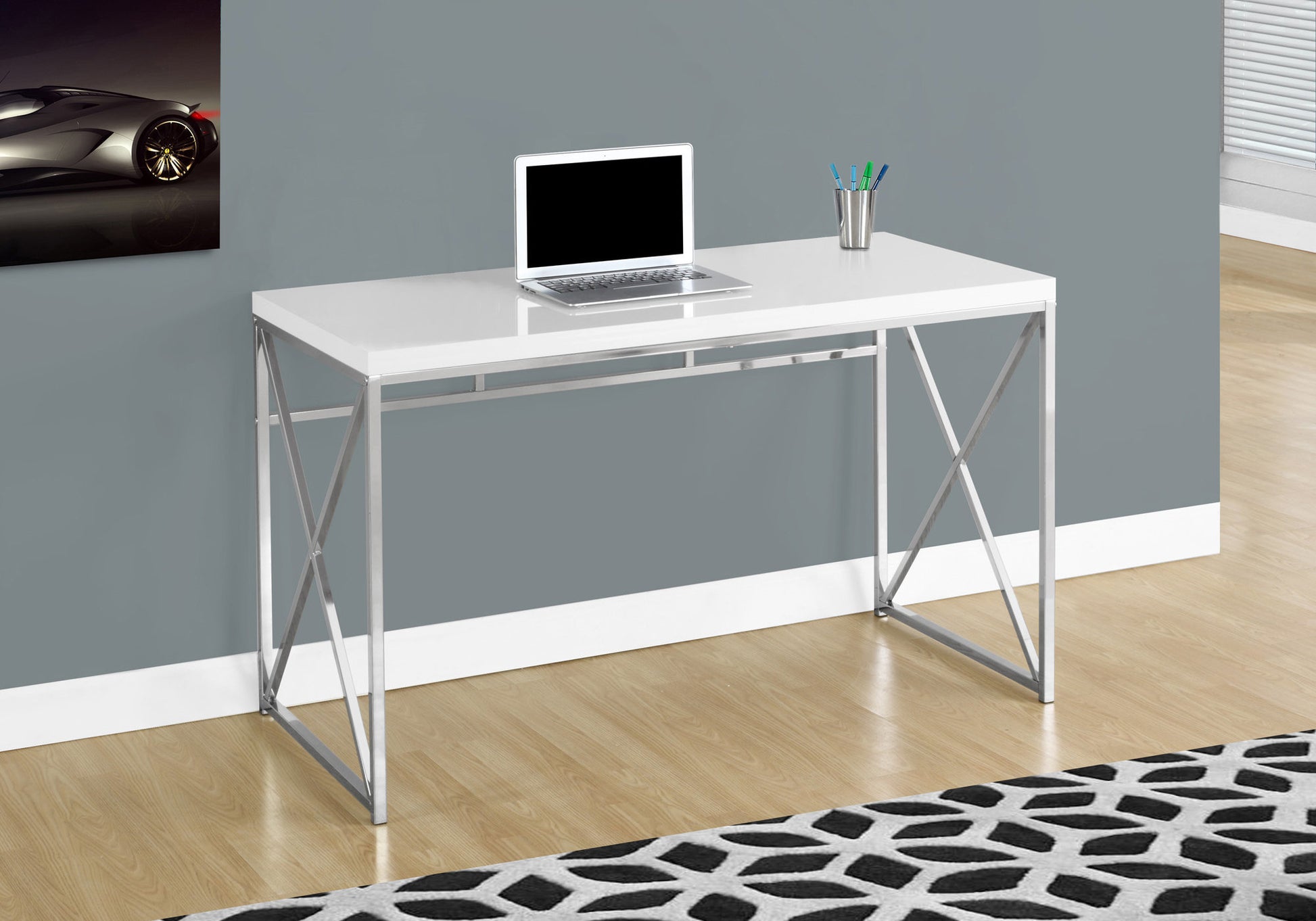 Computer Desk, Home Office, Laptop, Work, Glossy White Laminate, Chrome Metal, Contemporary, Modern White Mdf