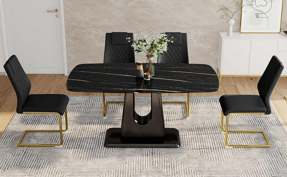 Table And Chair Set, Minimalist Dining Table, Imitation Marble Patterned Glass Tabletop, Mdf Legs With U Shaped Brackets. Paired With Comfortable Chairs, Suitable For Dining And Living Rooms. Black Gold Mdf Glass