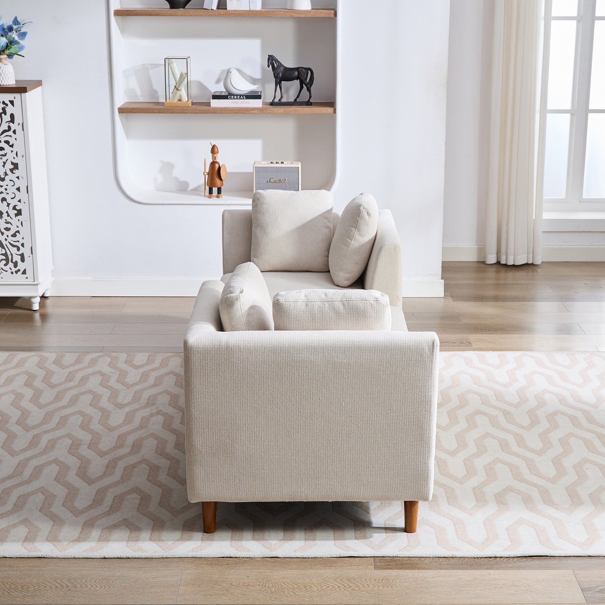 77.95'' Wide Modern Double Sided Upholstered Chaise Lounge Indoor,Chenille Fabric Sleeper Sofa Couch With 4 Throw Pillows, Daybed With Rubberwood Legs For Living Room, Bedroom, Apartment,Beige Beige