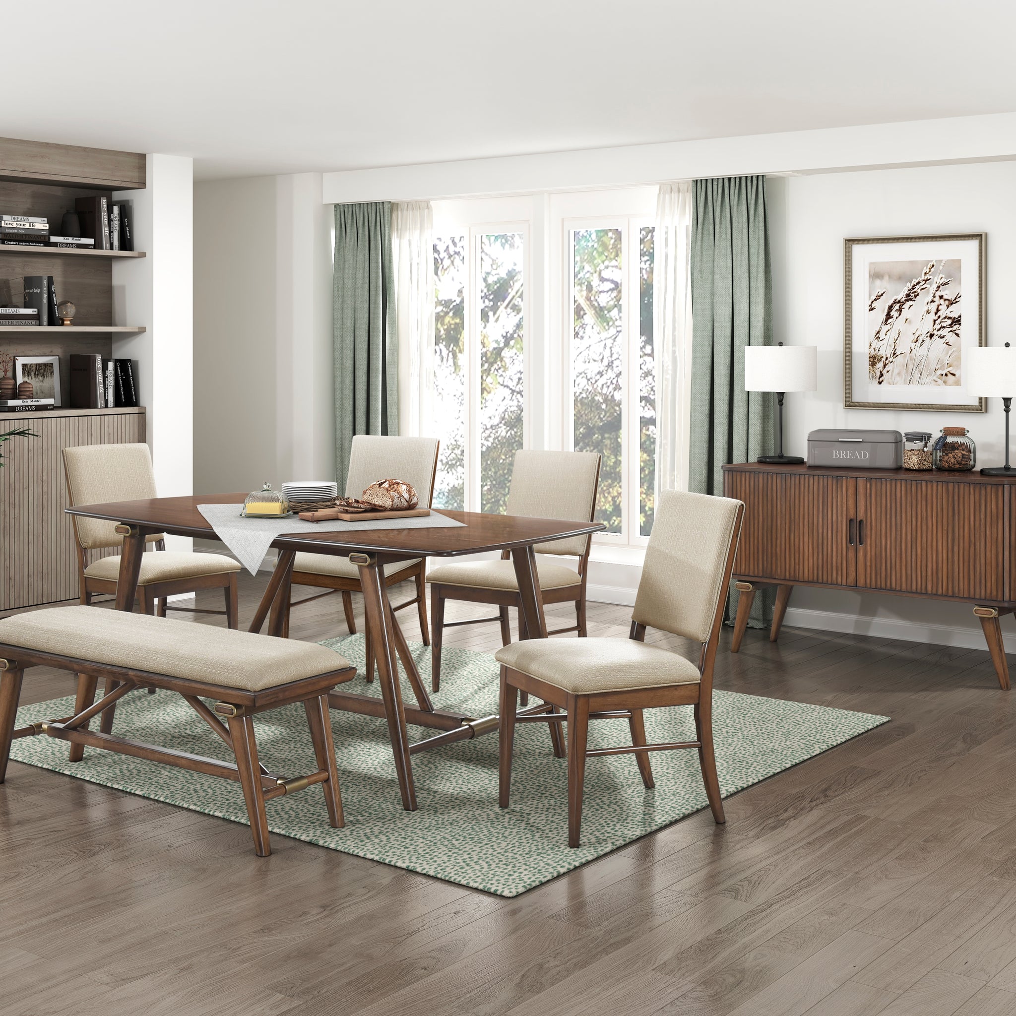 Modern Design 6Pc Dining Set Table Bench And 4X Side Chairs Fabric Uph