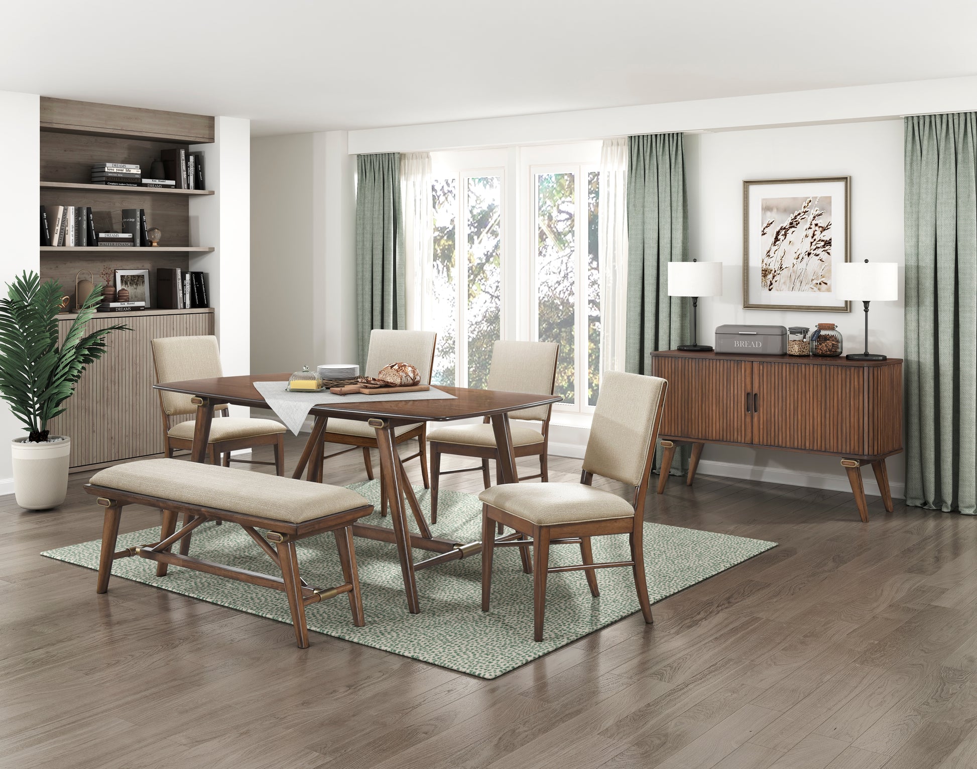 Modern Design 6Pc Dining Set Table Bench And 4X Side Chairs Fabric Upholstered Seat Brown Finish Wooden Dining Kitchen Furniture Brown Mix Seats 6 Dining Room Bench Seating Modern Dining Table With Chair And Bench Wood