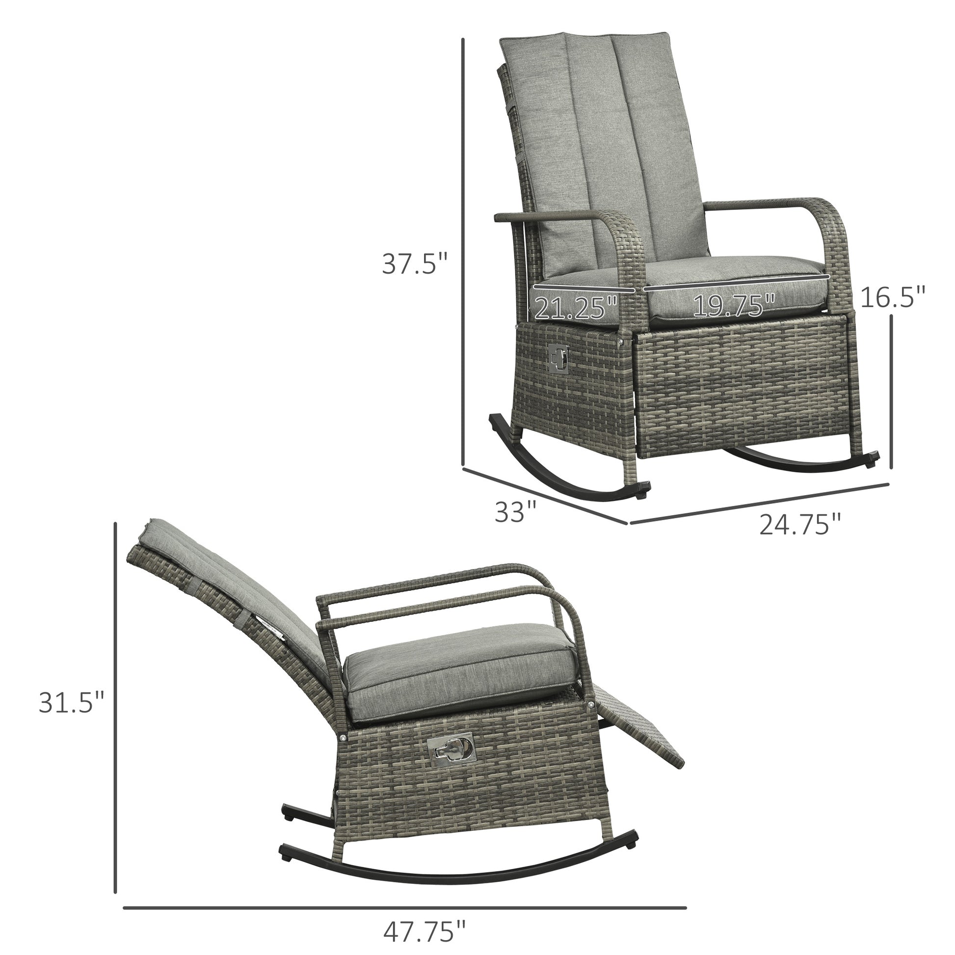 Outsunny Outdoor Rattan Rocking Chair Patio Recliner With Soft Cushions, Adjustable Footrest, Max. 135 Degree Backrest, Pe Wicker, Gray Gray Wicker