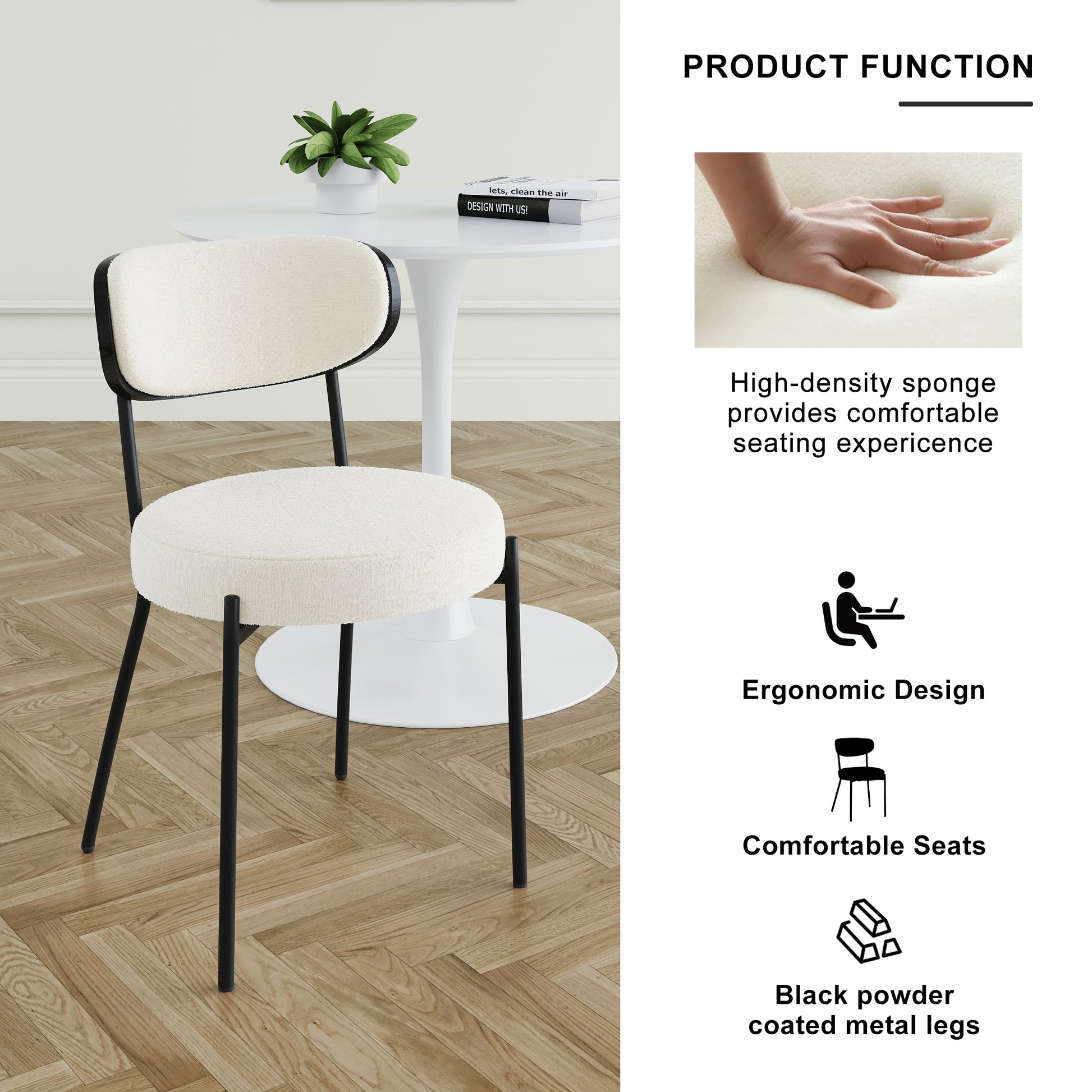 Modern Grey Simple Teddy Velvet Dining Chair Upholstered Chair Family Bedroom Stool Back Dressing, White Round Table Set,Bentwood Covered With Ash Veneer Chair Back,Chair Black Metal Legs Set Of 3 White Mdf