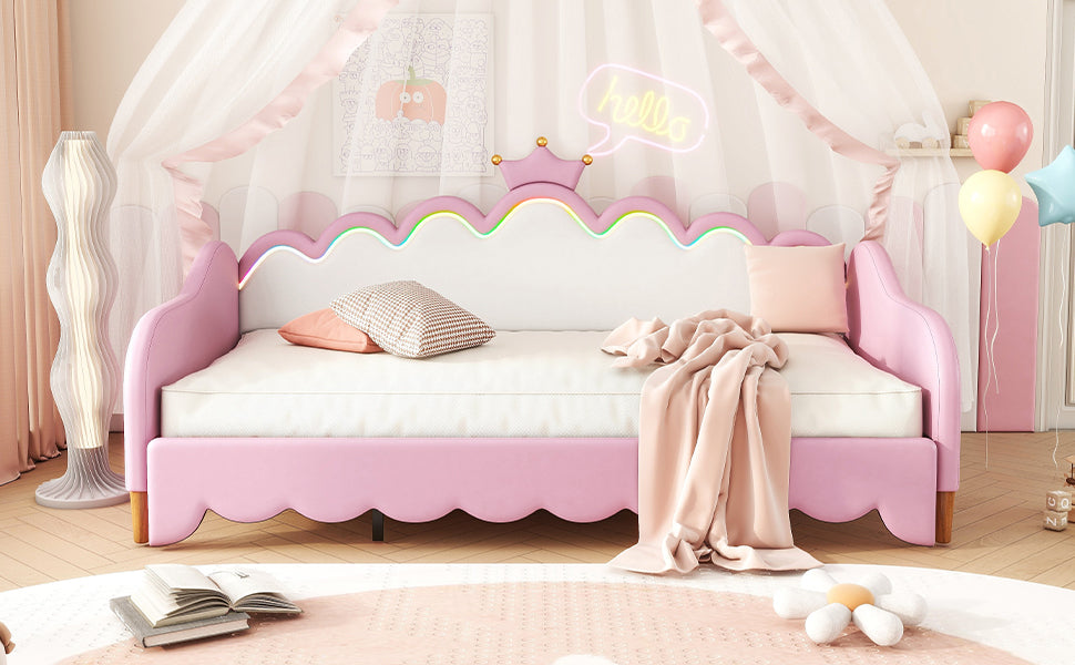 Twin Extending Daybed With Led Lights, Modern Upholstered Princess Daybed With Crown Headboard,Pink Twin Pink Wood