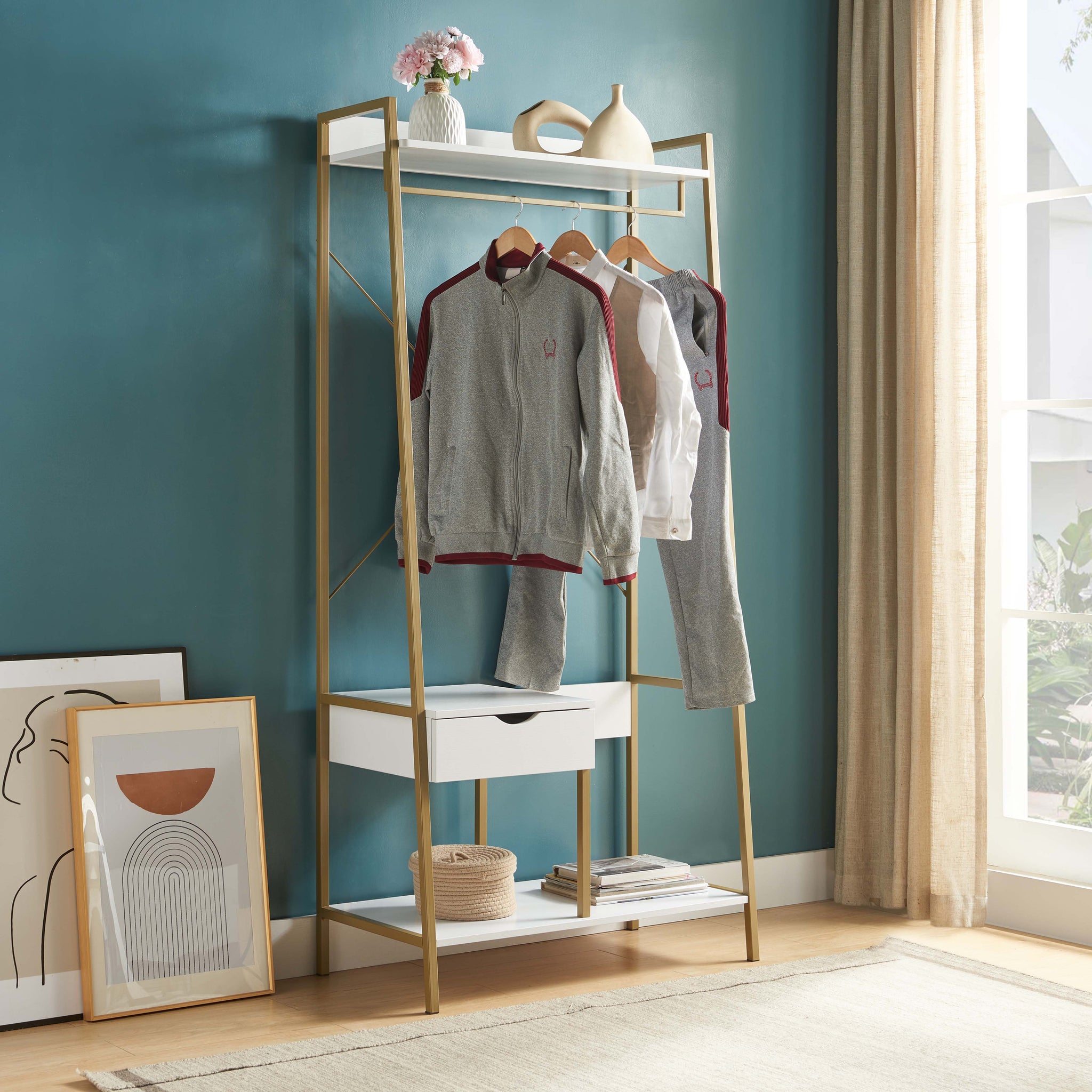 White Clothes Rack With Metal Frame And Open Shelves In White And Gold White Gold Mdf