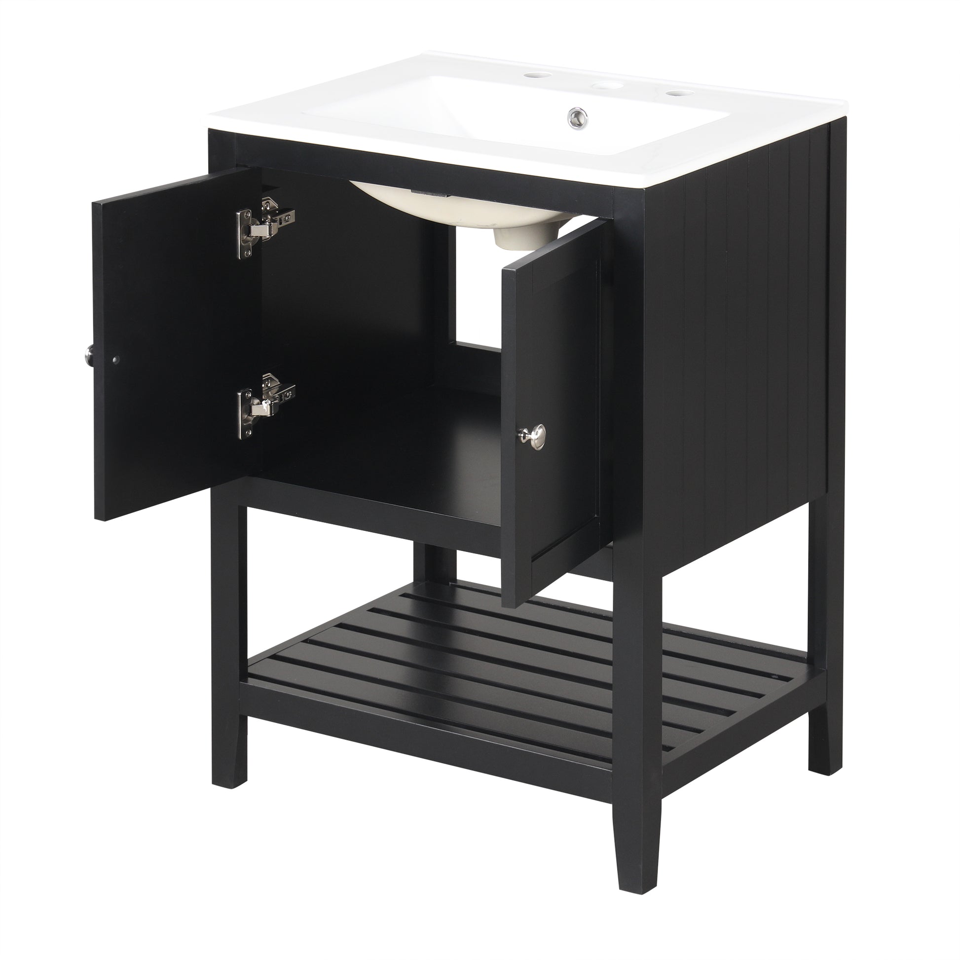 Video 24" Black Modern Sleek Bathroom Vanity Elegant Ceramic Sink With Solid Wood Frame Open Style Shelf Black Solid Wood Mdf