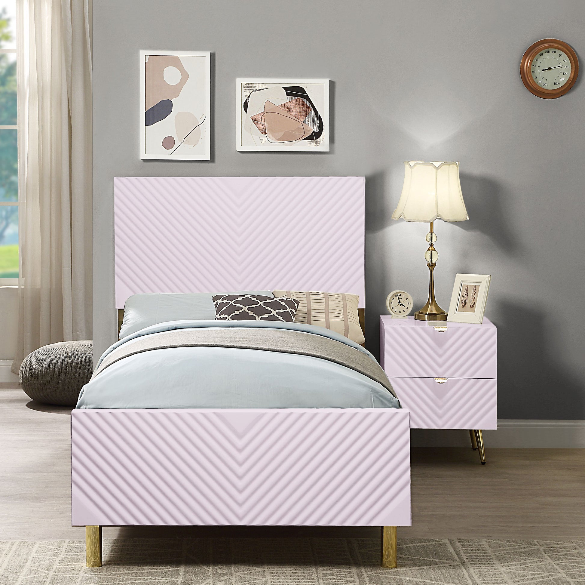 Pink High Gloss 2 Drawer Nightstand Pink 2 Drawers Bedroom Rectangle Drawers Wood Metal