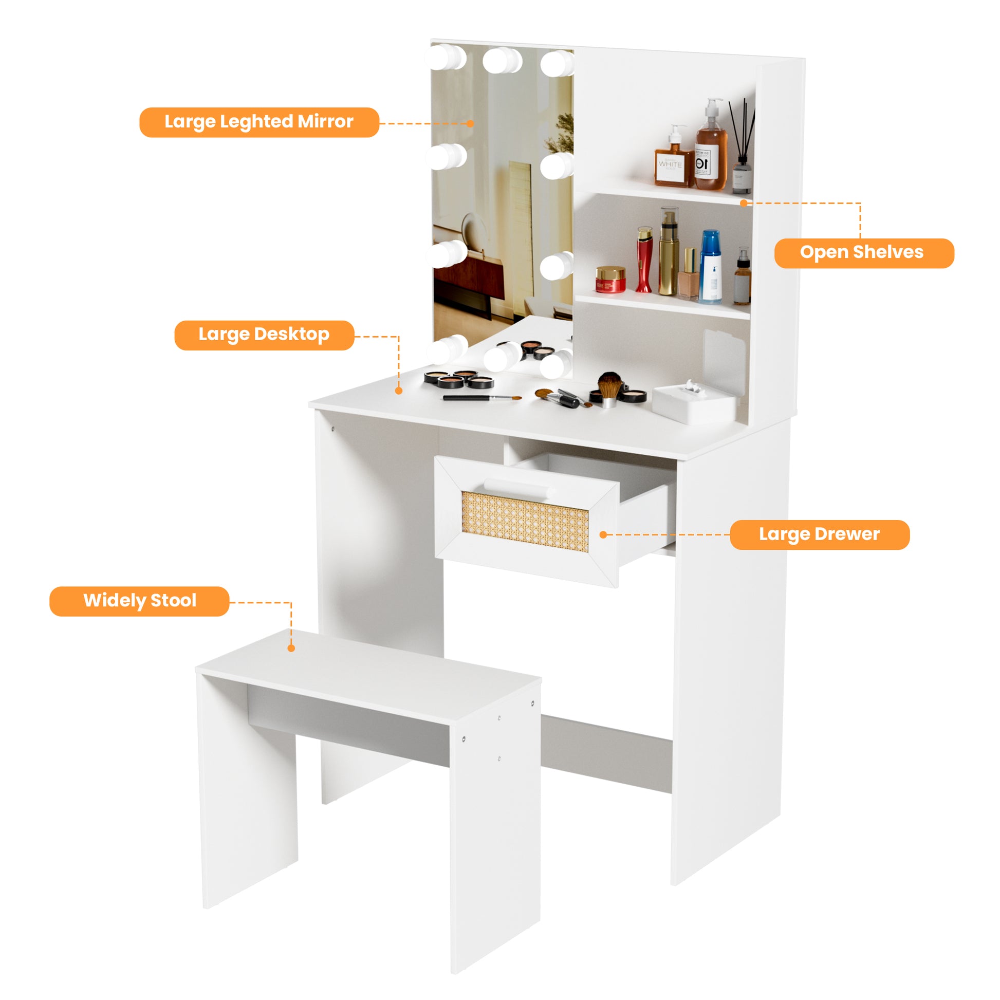 Vanity Desk Set Stool & Dressing Table With Led Lighting Mirror Drawer And Compartments Modern Wood Cosmetic Table Chest Of Drawers White Color Glossy White 1 Drawer Wood