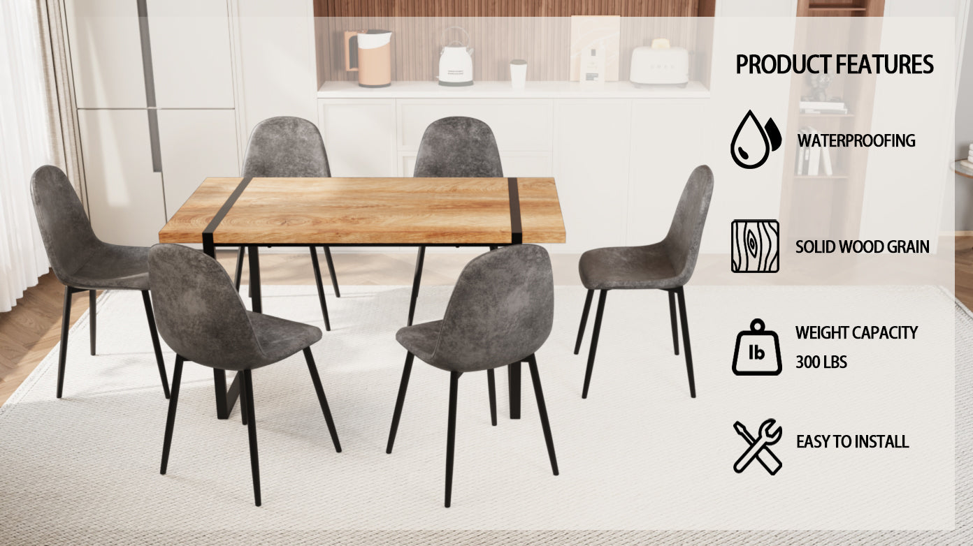 Mdf Natural Wood Dining Table And Modern Dining Chair Set Of 8 Pieces, Medieval Wooden Kitchen Dining Table Set, Black Metal Base, Dining Table And Suede Chair Set Buy 6 Chairs And Get 2 Free Grey