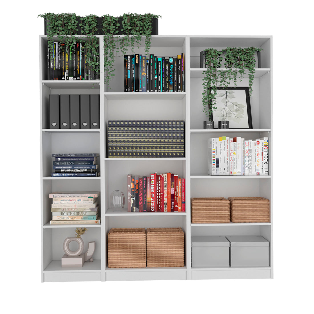 Dupree 3 Piece Home Bookcase Set, 67" Wide With 14 Shelvesliving Room Set Set White Freestanding 5 Or More Shelves Matte White White Office Open Storage Space Modern Particle Board