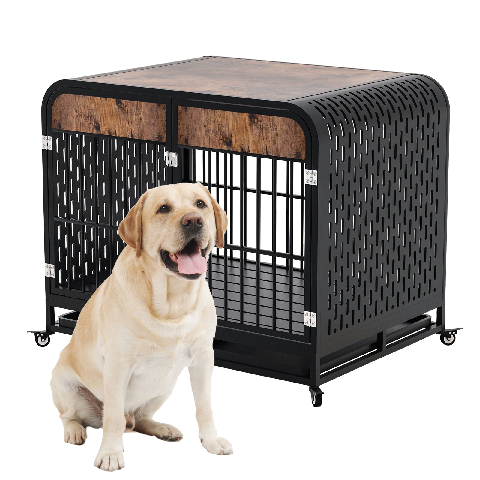 Heavy Duty Dog Crate Furniture Wooden Table Pet Dog Cage Kennel House Indoor Side End Table Decor With Removable Trays And Lockable Wheels For Medium And Large Dogs 40" Brown Brown Outdoor Kennel Medium 26 40 Lbs Mdf Steel