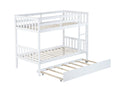 Twin Over Twin Rubber Wood Bunk Bed With Trundle, Convertible Into 2 Twin Size Beds, Twin Size Bunk Bed With Ladder And Safety Guardrails, White Twin White Rubber Wood