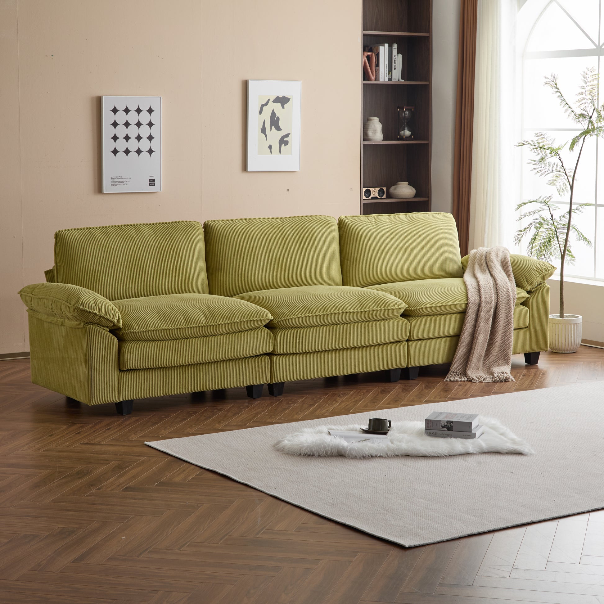 Modular Sectional Sofa With Movable Ottoman,L Shaped Corduroy Fabric Couch With High Supportive & Soft Sponges And Removable Ottoman, Sleeper Comfy Upholstered Furniture For Living Room,Green Green