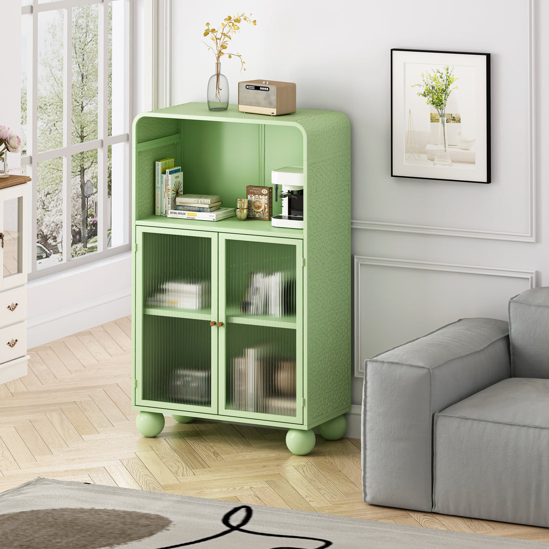 45.28" H Storage Cabinet, Bathroom Floor Cabinet With Glass Door And Shelves, Freestanding Display Storage Cabinet For Bathroom, Living Room, Kitchen, Home Office,Green Green Glass Metal