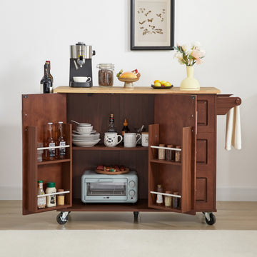 Kitchen Island With Drop Leaf Countertop, Rolling Kitchen Island Cartbarn Door Kitchen Island Table With Storage Cabinet And Tower Rack, Island Table On Wheels For Kitchen, Retro Brown Brown Brown Dining Room Rectangular Kitchen Carts Particle Board