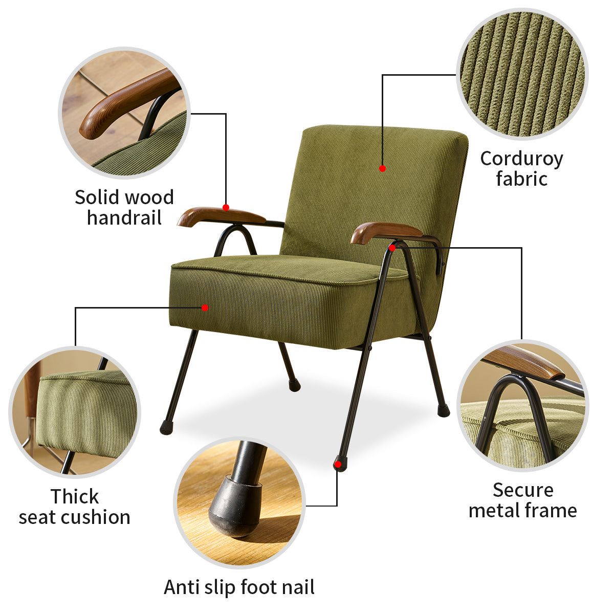 Pattern Colorful Fabric Armchair, Modern Accent Chair High Back, Living Room Chairs With Metal Legs And Soft Padded, Sofa Chairs For Home Office,Bedroom,Dining Room Green Corduroy