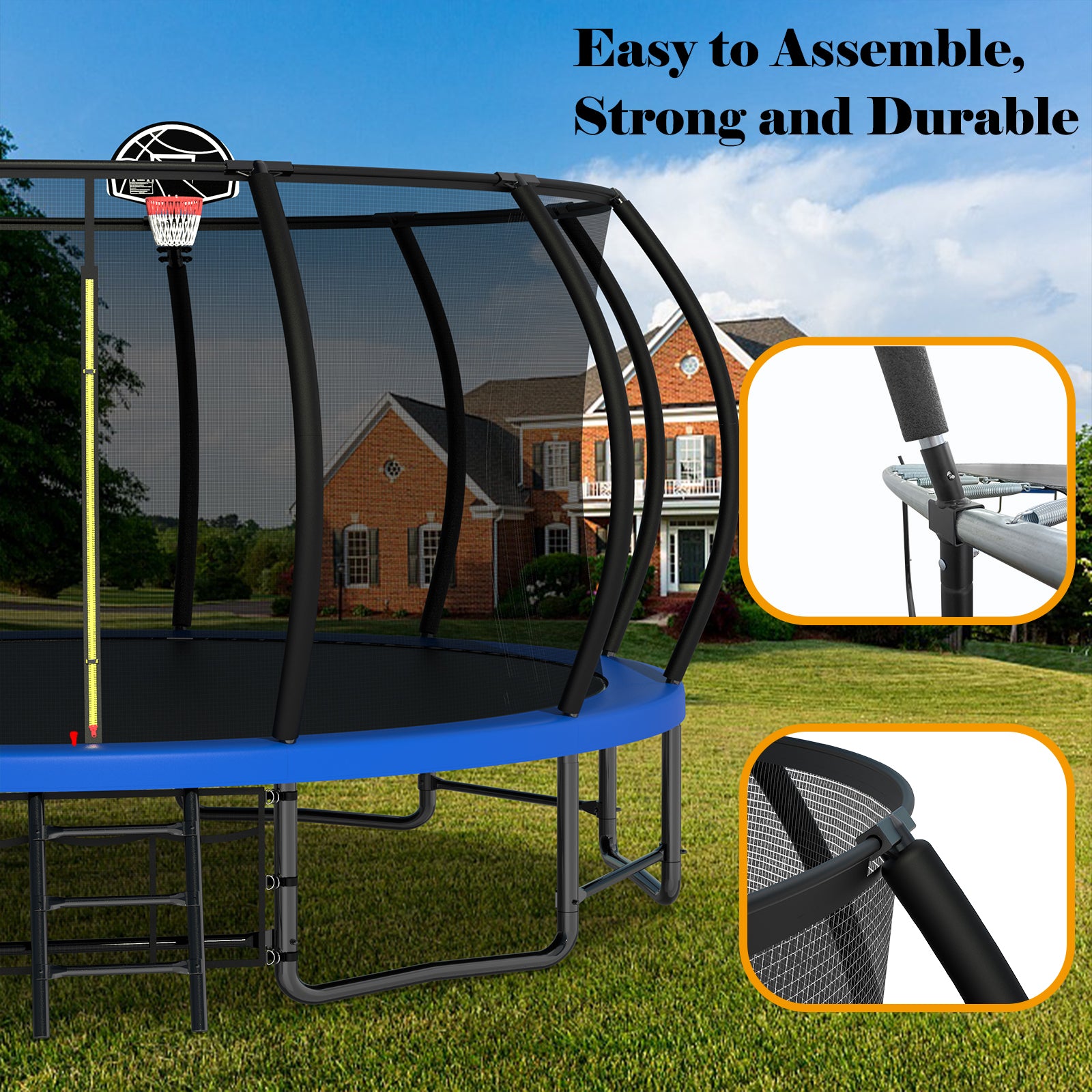 16Ft Outdoor Trampoline For Kids And Adults, Pumpkin Trampolines With Curved Poles,Heavy Duty Trampoline Anti Rust Coating Astm Approval Blue Steel