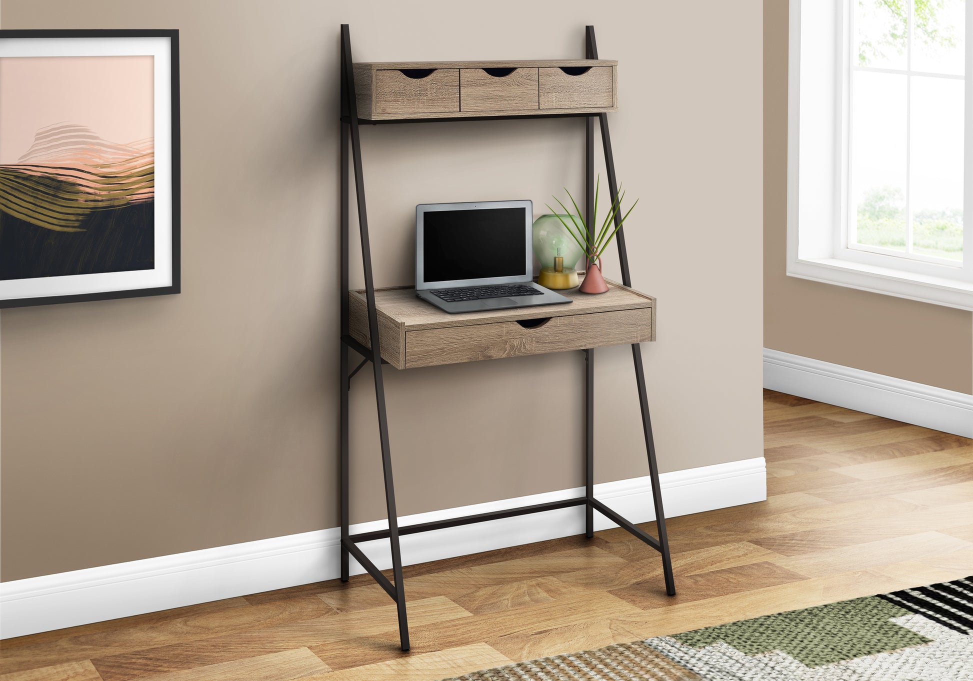 Computer Desk, Home Office, Laptop, Leaning, Storage Drawers, 32"L, Work, Brown Laminate, Black Metal, Contemporary, Modern Taupe Metal