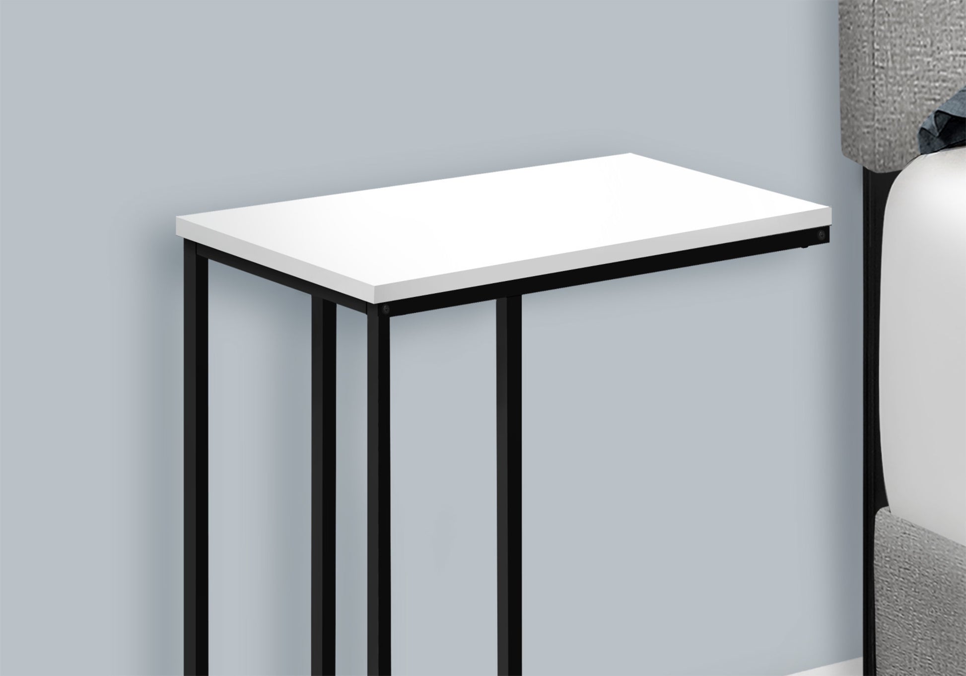 Accent Table, C Shaped, End, Side, Snack, Living Room, Bedroom, White Laminate, Black Metal, Contemporary, Modern White Particle Board