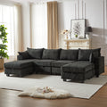 113.5'' Modular Sectiona Corduroy Sofa, Sectional Couches For Living Room U Shaped Sectional Couch With Storage Ottoman, 6 Seats Convertible Sectionals With Chaise Black Corduroy 6 Seat