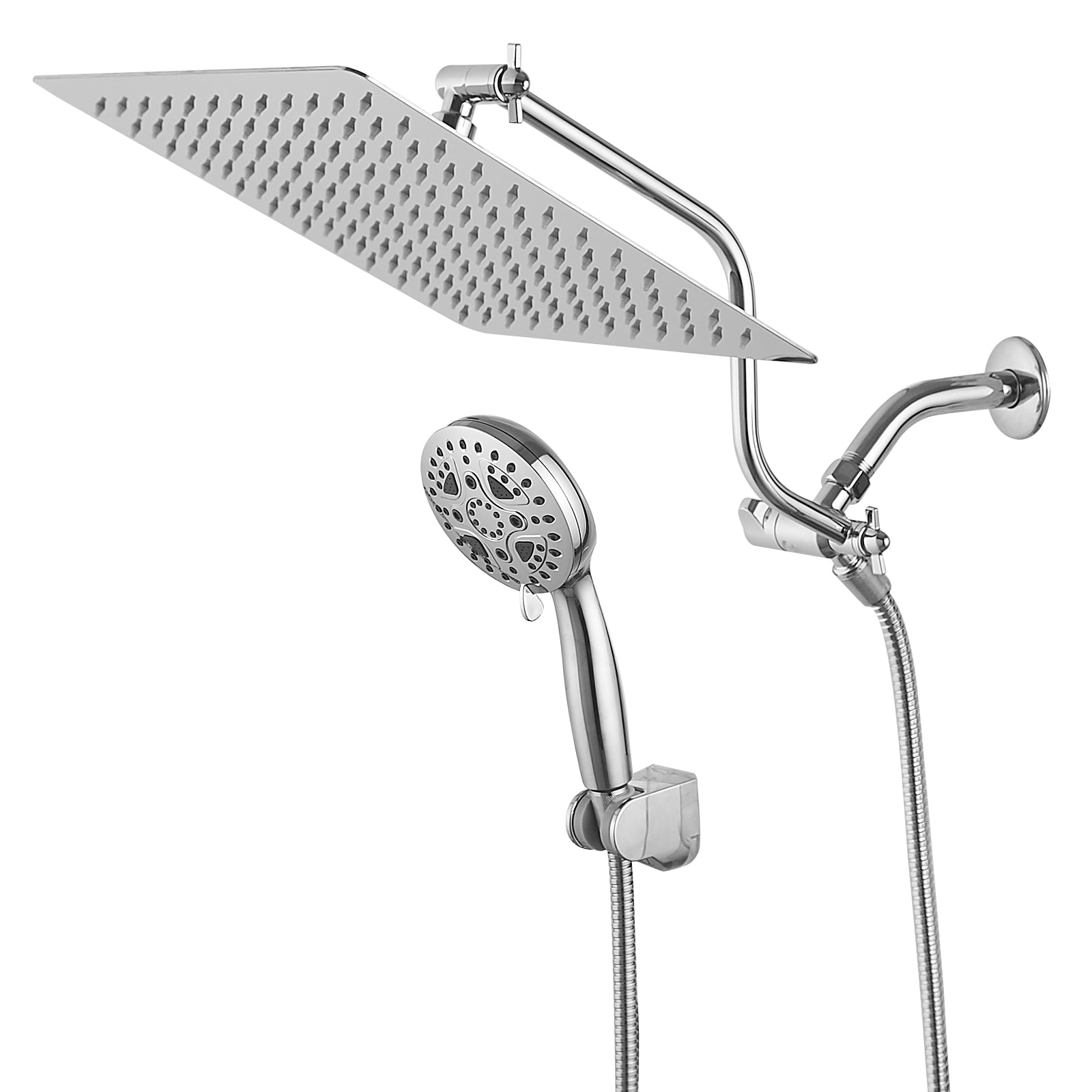 Chrome Shower System 12 Inch Bathroom Luxury Rain Mixer Shower Combo Set Wall Mounted Rainfall Shower Head And Handheld System Shower Faucet Set Chrome Bathroom Classic,Contemporary,Luxury,Modern Ceramic Stainless Steel