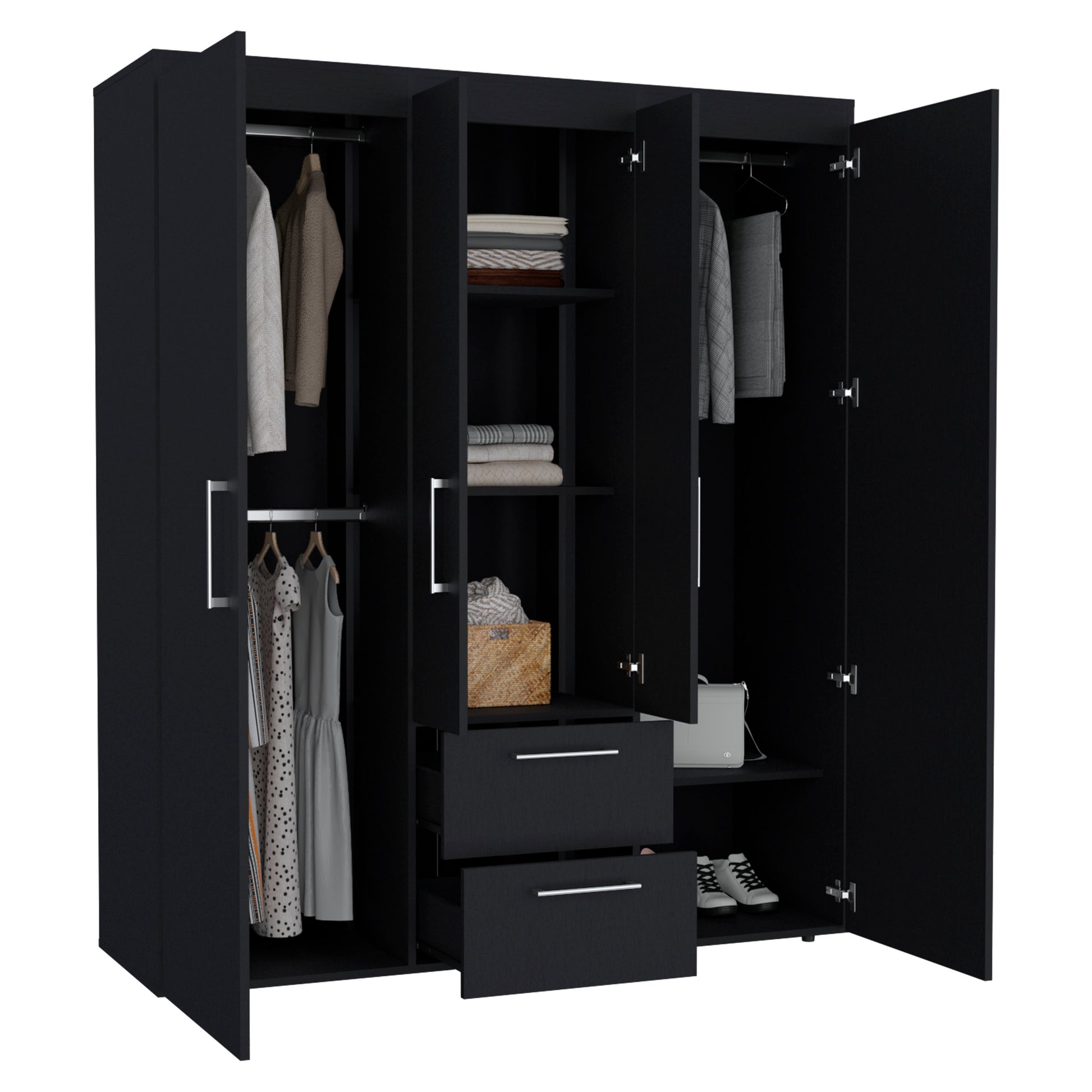 Bariloche Wardrobe, Multi Section Storage With Hanging Rods, Shelves, And 2 Drawers Black Bedroom Modern Particle Board