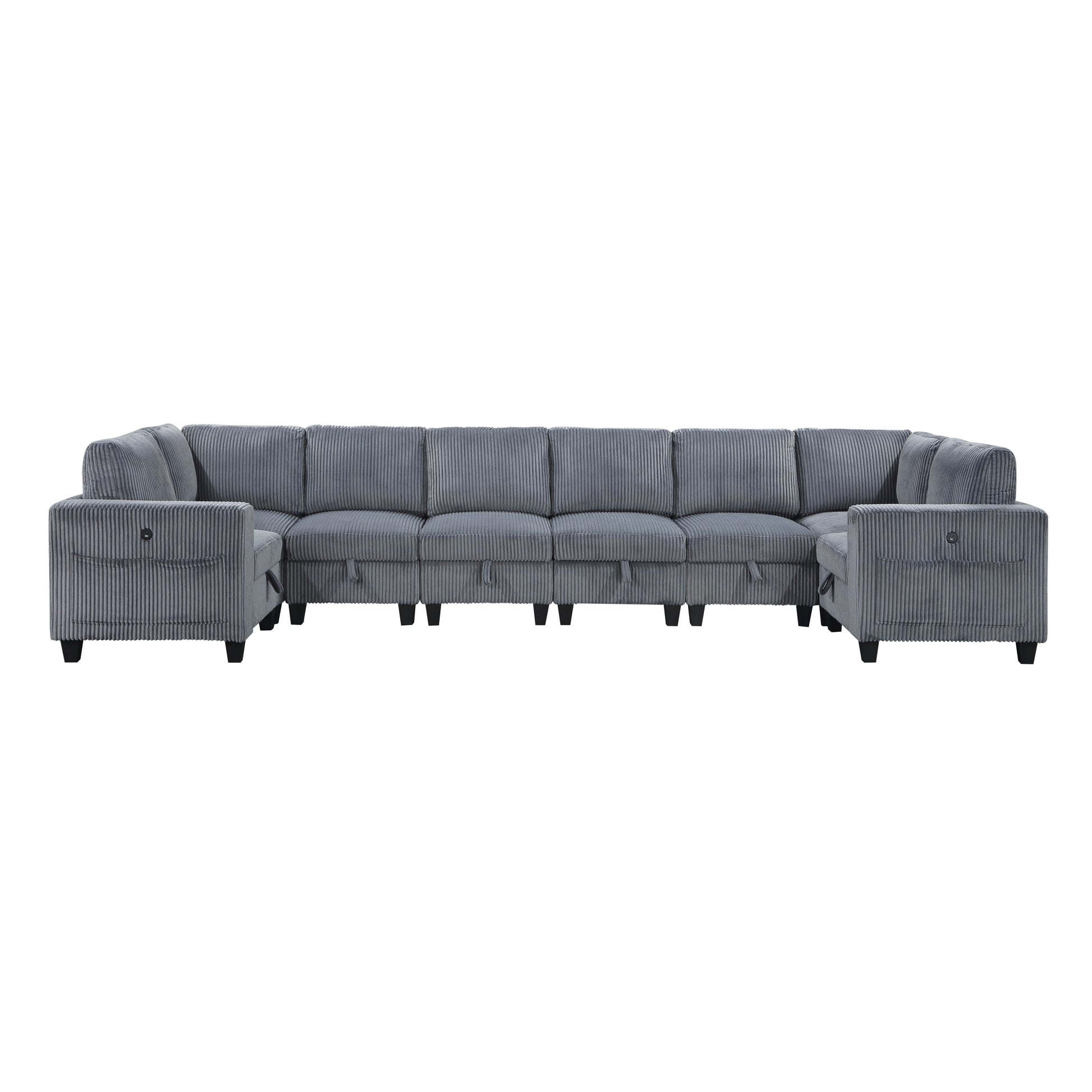 8 Piece Modular Sectional With Storage Seats, Side Pockets, Charging Ports Dark Gray Corduroy Fabric Modern Living Room Sectional Couch Solid Wood Furniture Dark Gray Polyester Wood Primary Living Space Modern Solid Wood 8 Seat