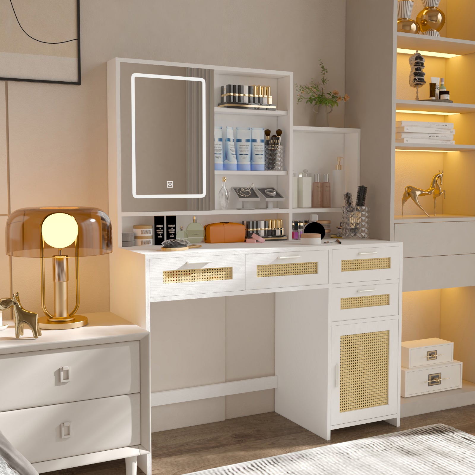 Makeup Vanity With Lights In 3 Colors & Openable Mirror, Vanity Desk With 4 Drawers & 1 Cabinets & Shelves, Vanity Table Rattan Vanity Dresser, For Bedroom Sliding White Drawer 3 Drawers Bedroom Extra Deep Drawers Mdf