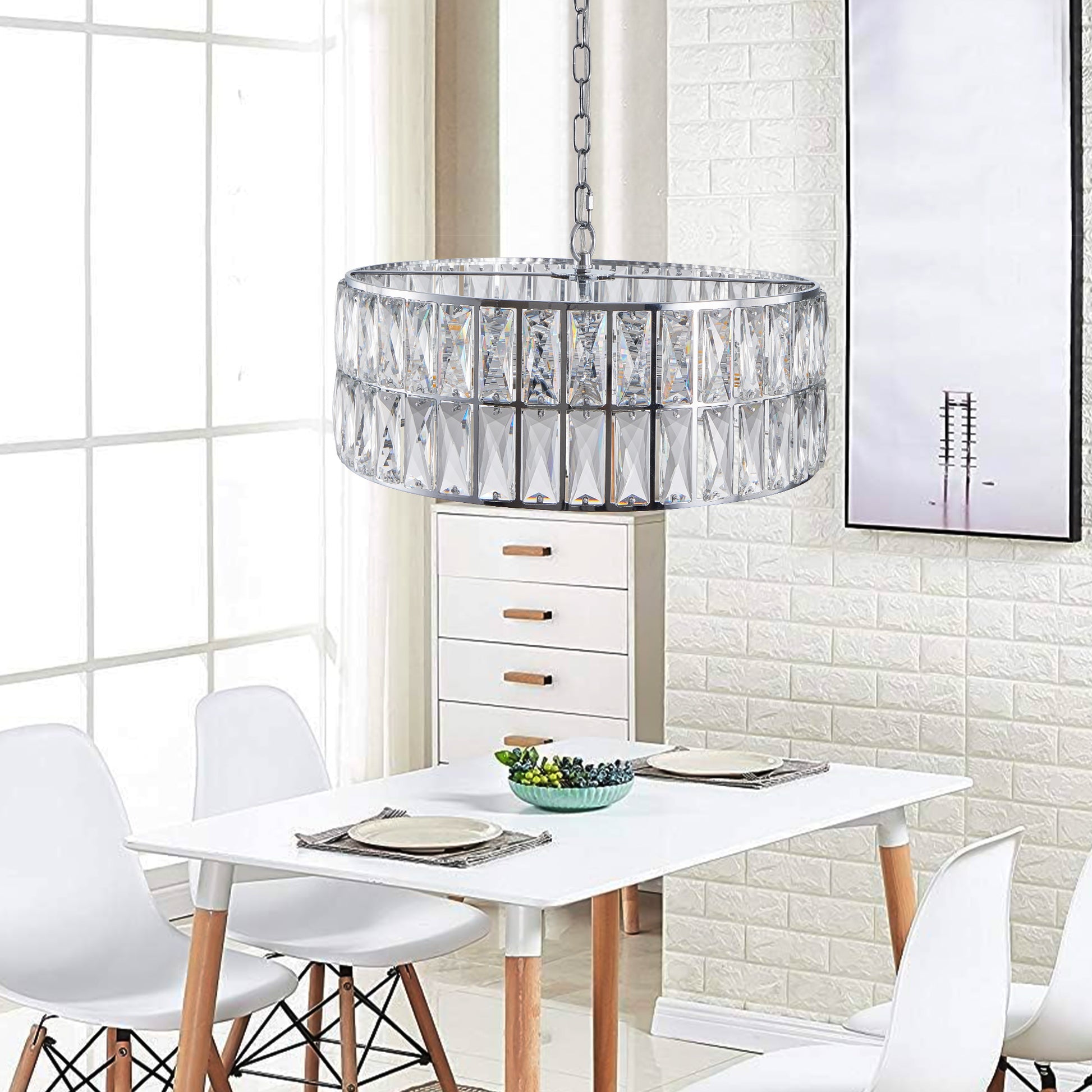 Modern Crystal Drum Chandelier, 6 Light Pendant Lighting Fixture With Silver Metal Frame For Living Room, Dining Room, And Bedroom Bulbs Not Included Silver Clear Crystal Iron