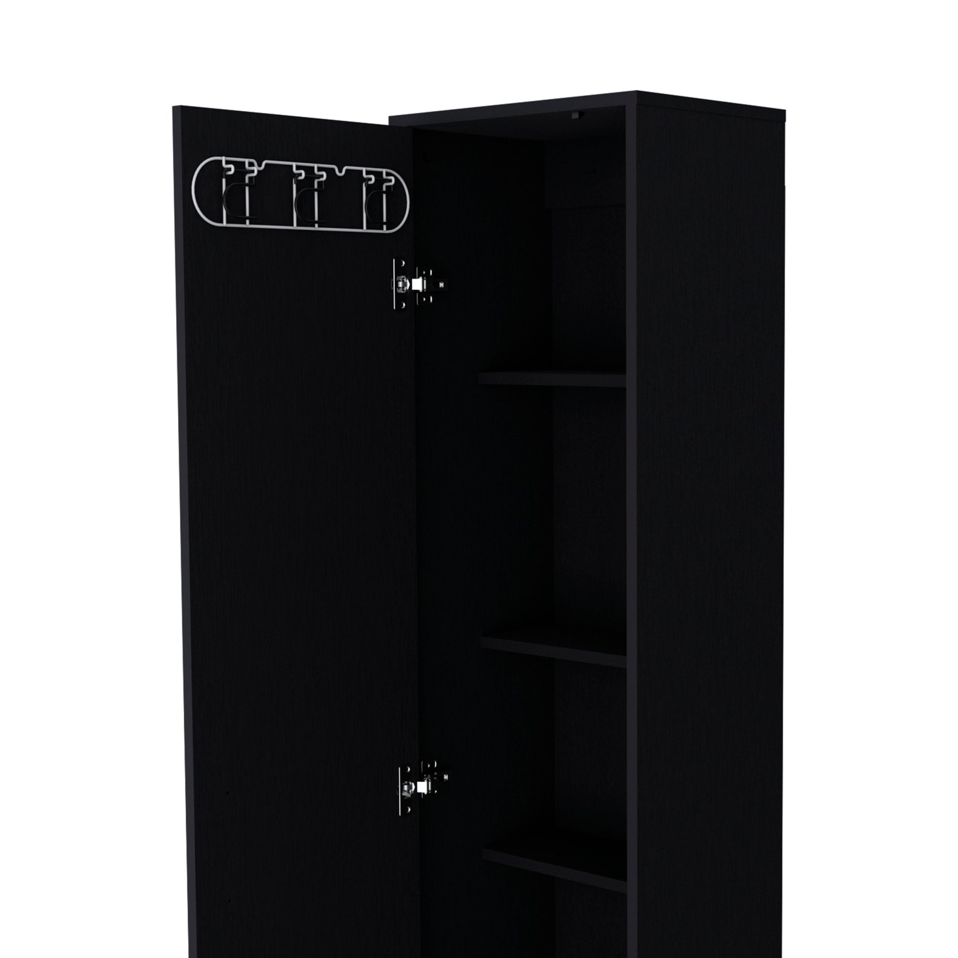 Lawen Tall Storage Cabinet, Single Door, 3 Broom Hangers Black Contemporary Particle Board Melamine