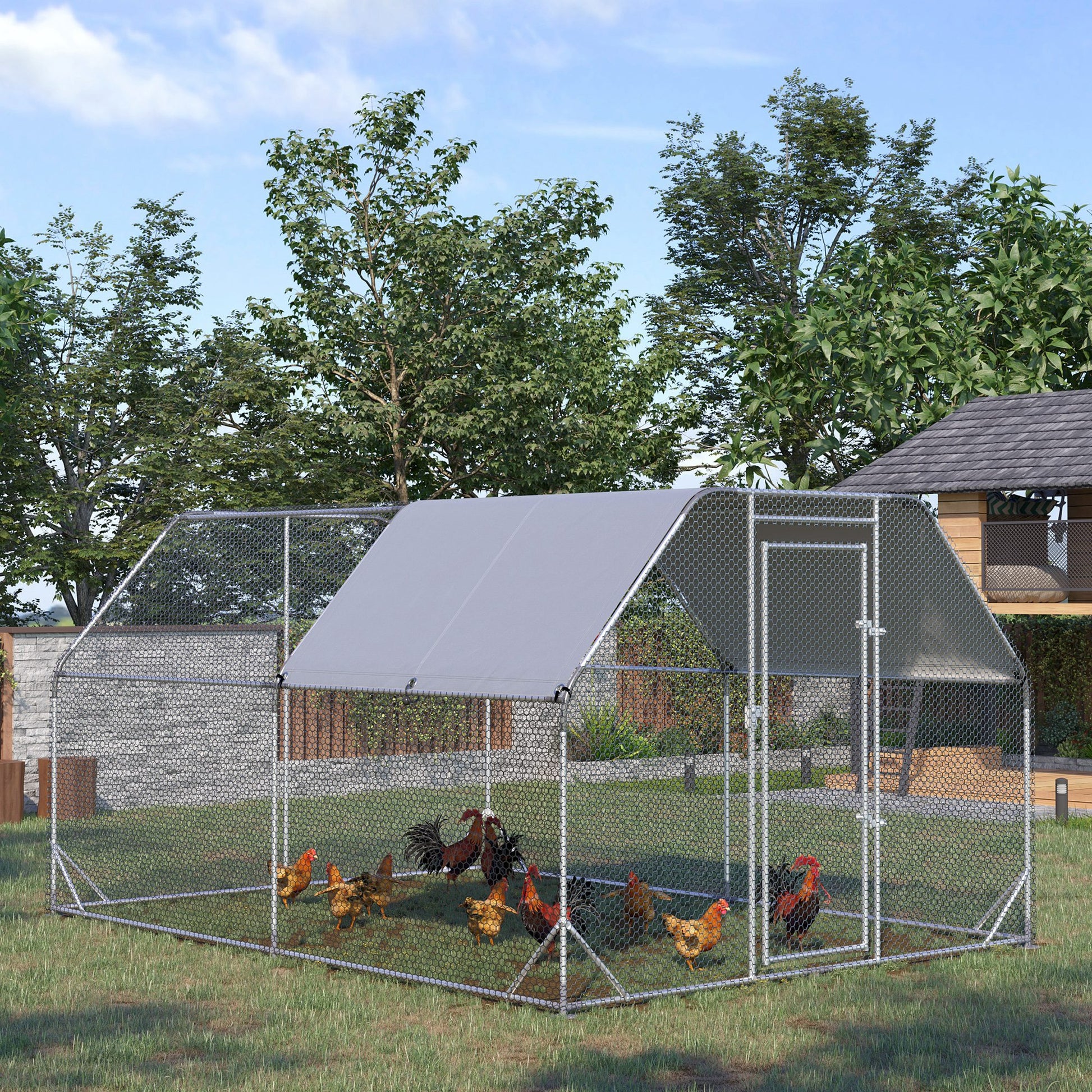 Pawhut Large Chicken Coop Metal Chicken Run With Waterproof And Anti Uv Cover, Flat Shaped Walk In Fence Cage Hen House For Outdoor And Yard Farm Use, 1" Tube Diameter, 9.2' X 12.5' X 6.4' Silver Steel