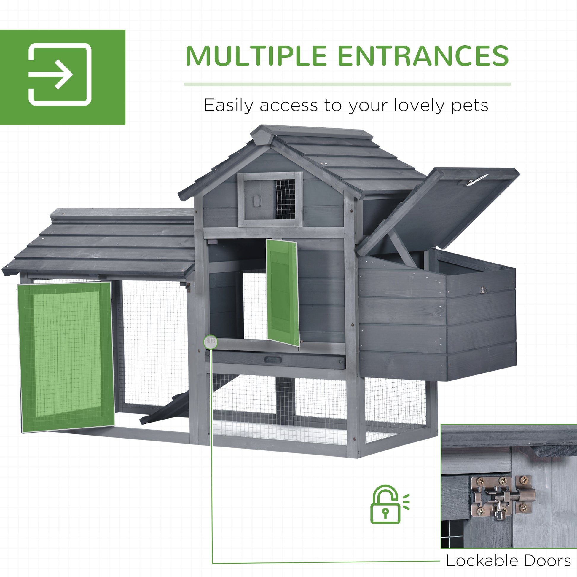 Pawhut 59" Small Wooden Chicken Coop Hen House Poultry Cage For Outdoor Backyard With 2 Doors, Nesting Box And Removable Tray, Gray Grey Wood