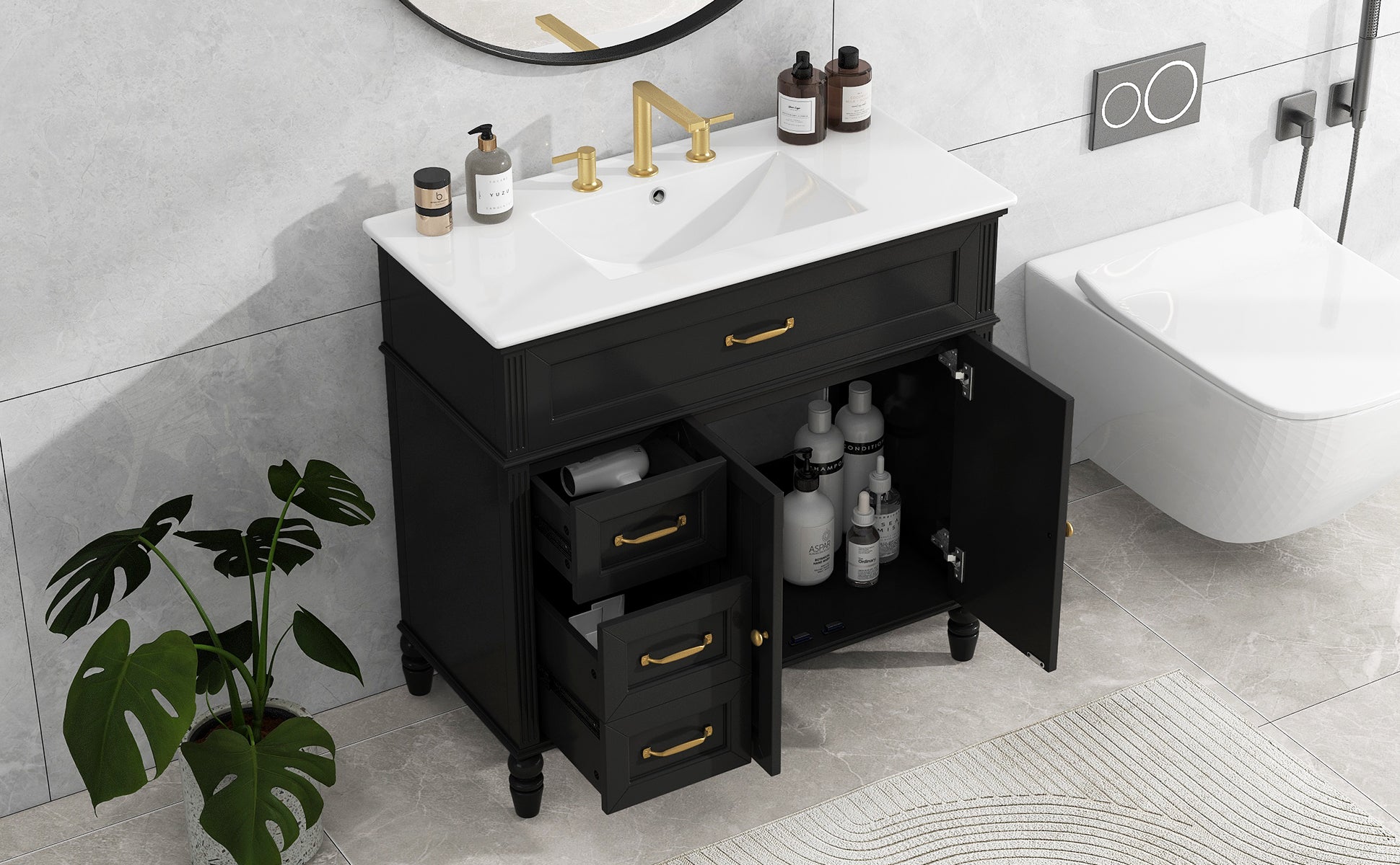 36" Bathroom Vanity With Sink, Black Bathroom Cabinet With Drawers, Solid Frame And Mdf Board, One Package Black Solid Wood Mdf