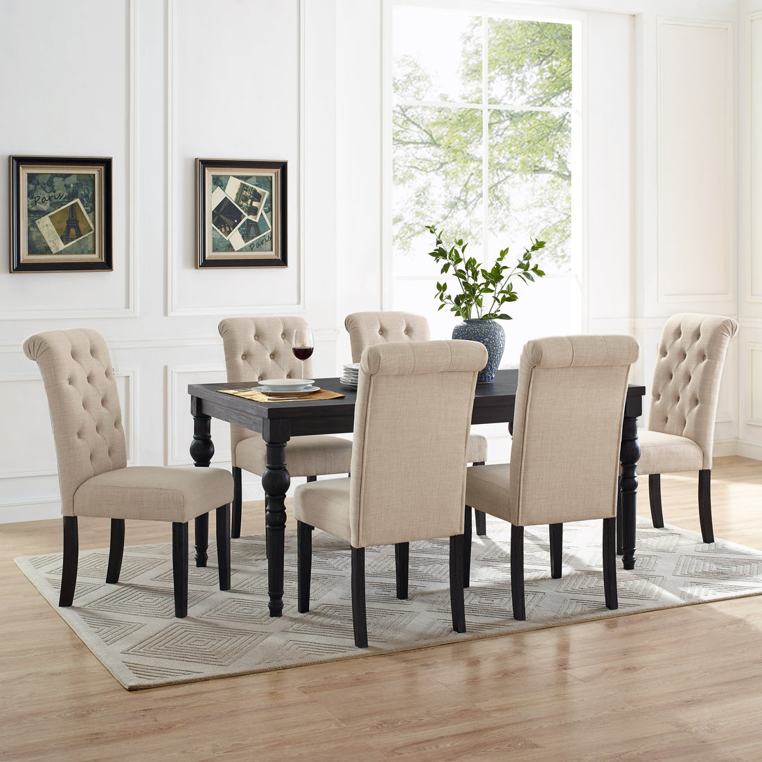 Leviton Urban Style Wood Dark Wash Turned Leg Dining Set: Table And 6 Chairs Wood Black Seats 6 Wood Dining Room Fixed Table Rubberwood Rectangular 4 Leg Rectangular Dining Table With Chair Mdf