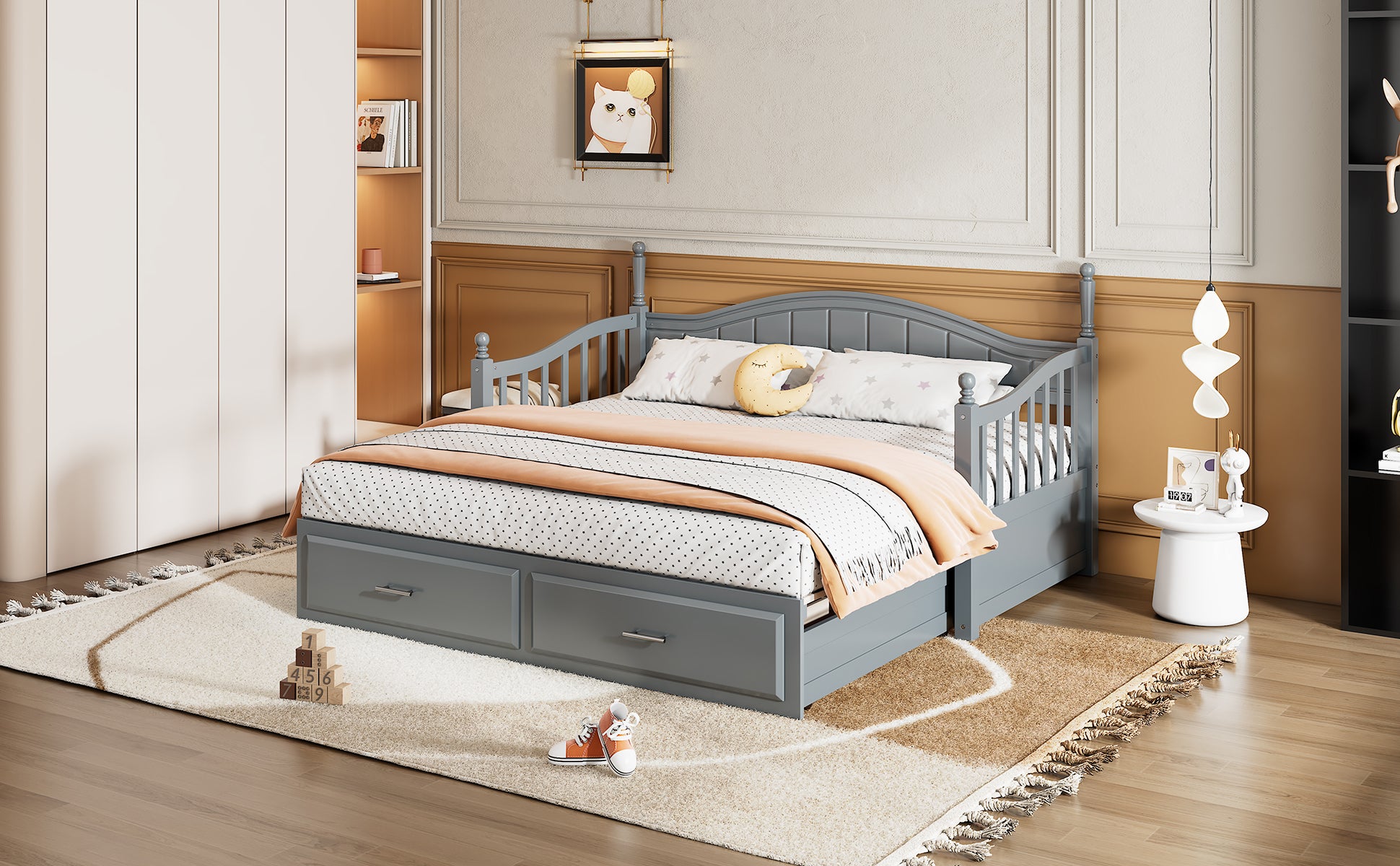 Wooden Twin Size Daybed With Twin Size Trundle, Extendable Daybed With Two Storage Drawers,Gray Expected Arrival Time:9.12 Twin Gray Wood
