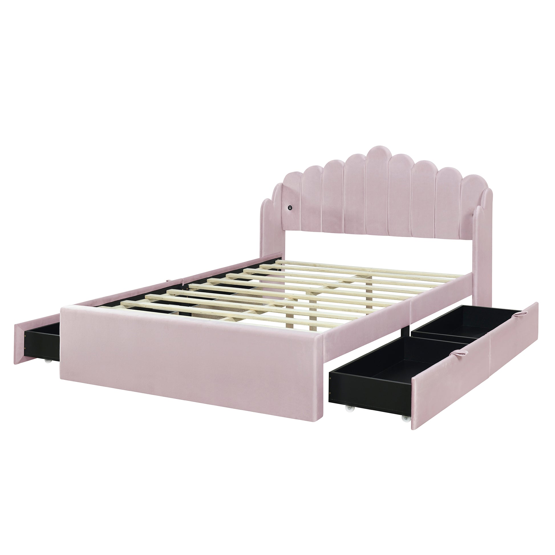 Full Size Upholstered Platform Bed With 4 Drawers And 2 Usb, Pink Box Spring Not Required Full Pink Wood Bedroom Bed Frame Polyester Upholstered