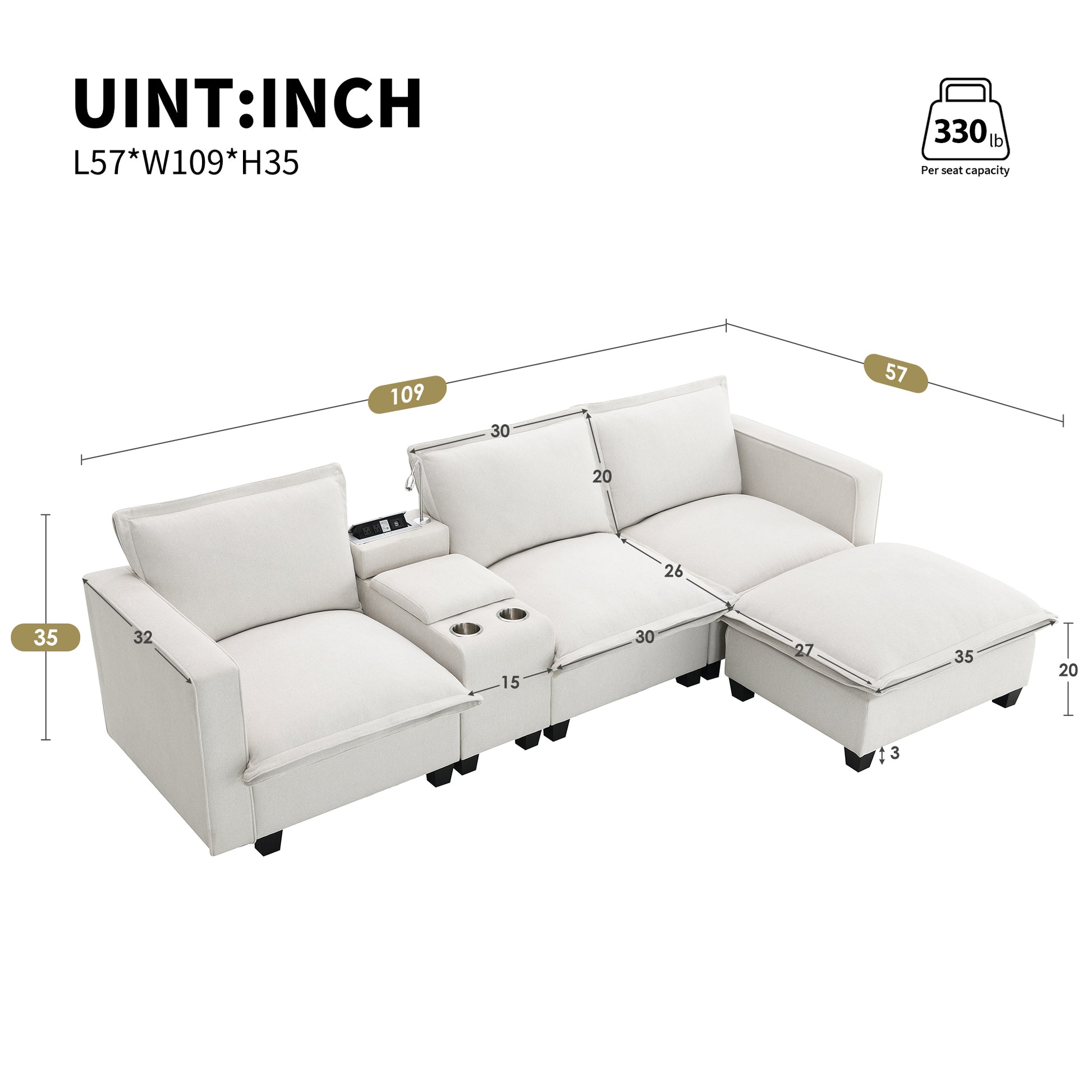 109*57"Modern Sectional Cloud Sofa With Console,Usb Charging Port,Reading Light,Cup Holder,4 Seat Chenille Modular Couch,Storable Indoor Funiture For Living Room,Apartment,2 Color Beige Chenille 4 Seat